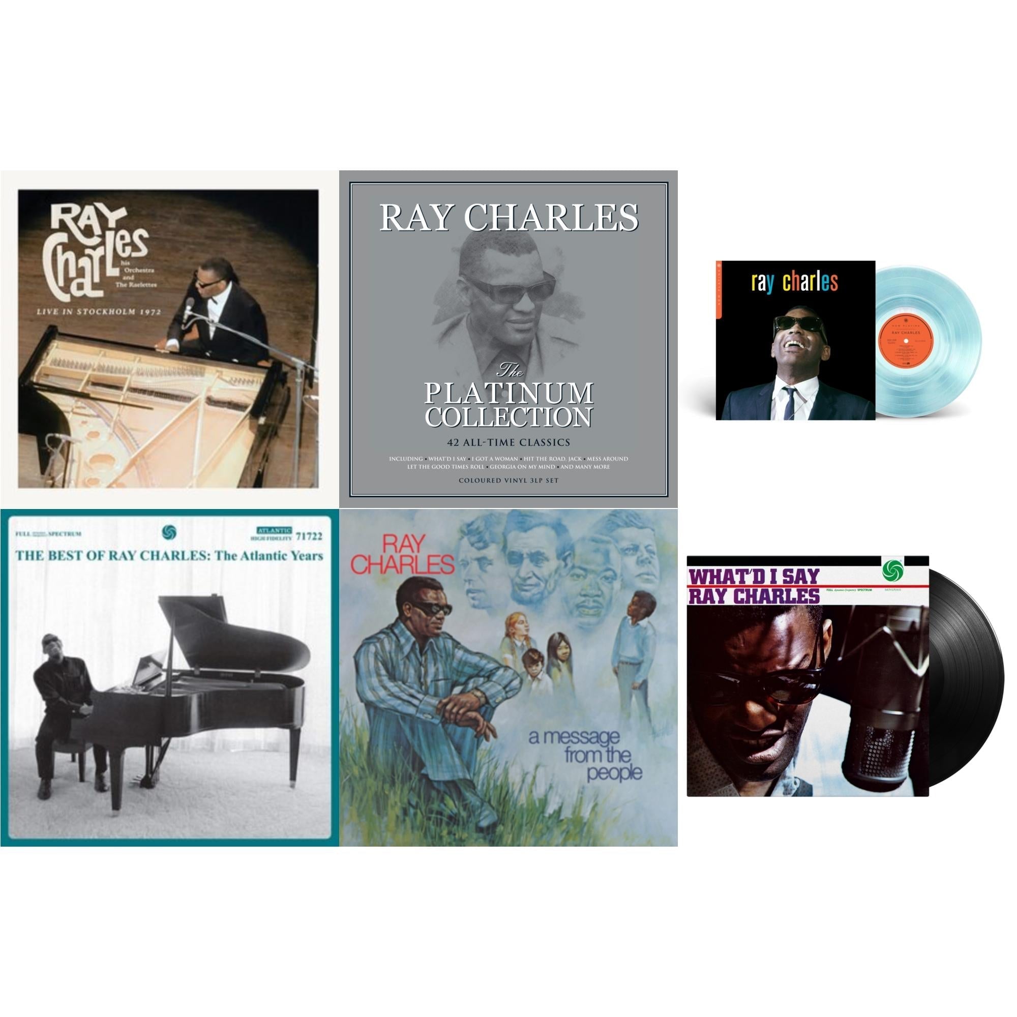 Ray Charles - Now Playing (Blue LP Vinyl) (Syeor) & Platinum Collection (White LP Vinyl) & Best Of Ray Charles: The Atlantic Years (2LP/White Vinyl) & Live In Stockholm 1972 (140G) & Message From The People (140G) & What'd I Say (180G)