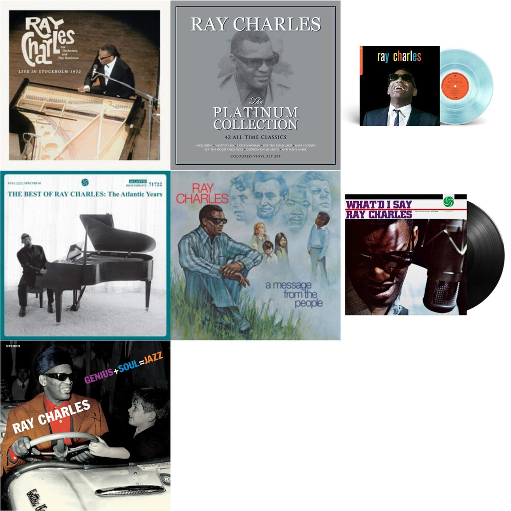 Ray Charles - Now Playing (Blue LP Vinyl) (Syeor) & Platinum Collection (White LP Vinyl) & Best Of Ray Charles: The Atlantic Years (2LP/White Vinyl) & Live In Stockholm 1972 (140G) & Message From The People (140G) & Genius + Soul = Jazz (Orange LP