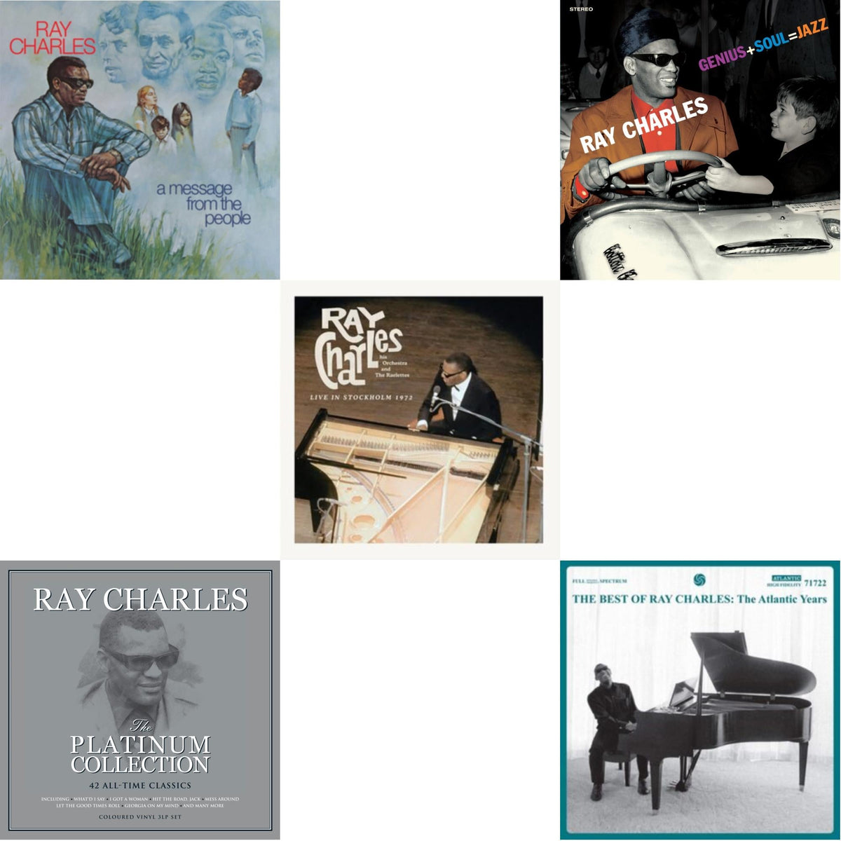 Ray Charles - Message From The People (140G) & Platinum Collection (White LP Vinyl) & Live In Stockholm 1972 (140G) & Genius + Soul = Jazz (Orange LP Vinyl) & Best Of Ray Charles: The Atlantic Years (2LP/White Vinyl)