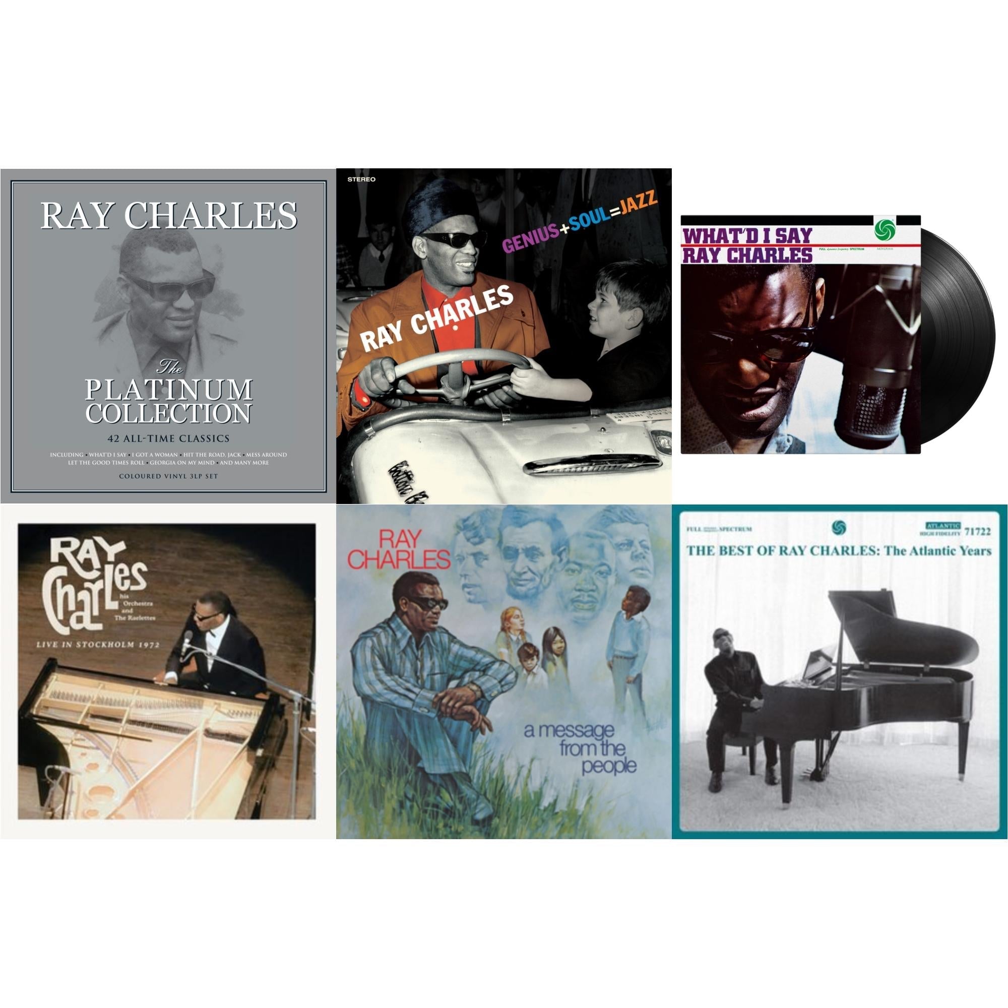 Ray Charles - Platinum Collection (White LP Vinyl) & Best Of Ray Charles: The Atlantic Years (2LP/White Vinyl) & Live In Stockholm 1972 (140G) & Message From The People (140G) & Genius + Soul = Jazz (Orange LP Vinyl) & What'd I Say (180G)