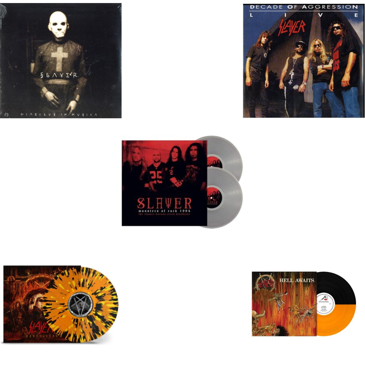 Slayer - Hell Awaits (Transparent Orange & Black Split LP Vinyl) & Diabolus In Musica & Live: Decade Of Aggression & Repentless (Trans Orange Yellow Black Splatter LP Vinyl) & Monsters Of Rock 1994 (2LP/140G/Clear Vinyl)