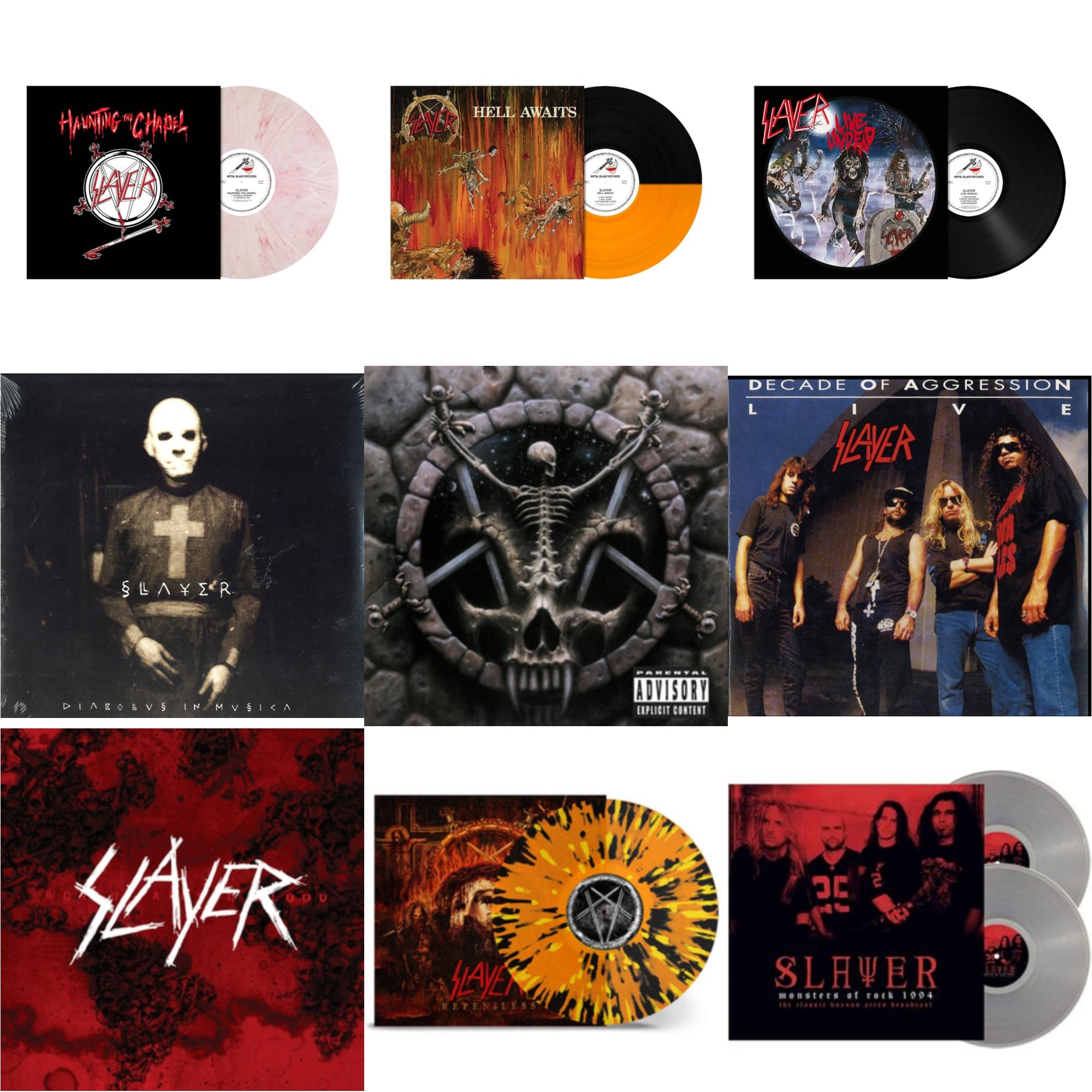 Slayer - Haunting The Chapel (Red & White Marbled LP Vinyl) & Hell Awaits (Transparent Orange & Black Split LP Vinyl) & Live Undead (180G) & Diabolus In Musica & Divine Intervention & Live: Decade Of Aggression & World Painted Blood & Repentless