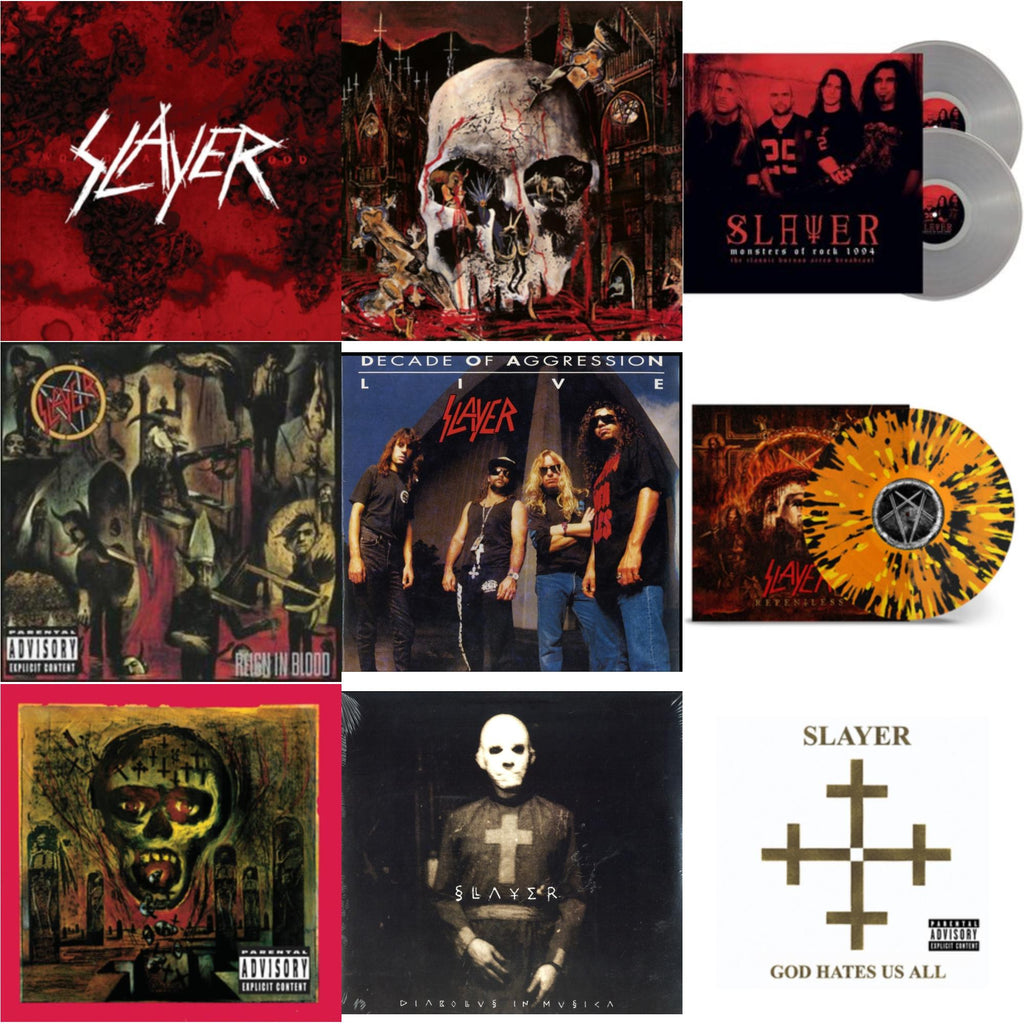 Slayer - Diabolus In Musica & God Hates Us All & Live: Decade Of Aggression & Reign In Blood & Seasons In Abyss & South Of Heaven & World Painted Blood & Repentless (Trans Orange Yellow Black Splatter LP Vinyl) & Monsters Of Rock 1994 (2LP/140G/Clear