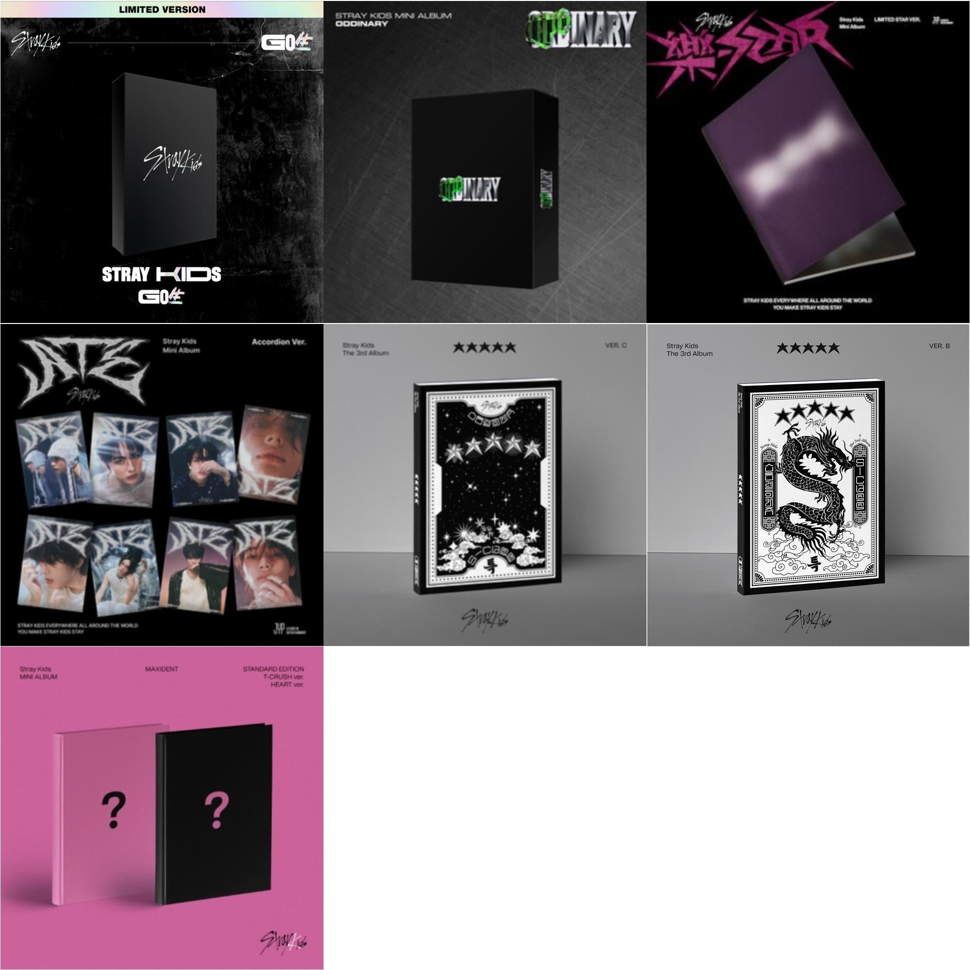 Stray Kids - Go: Volume 1 (Normal Edition) & Oddinary (Scanning Version/Mask Off Version/Normal Edition) & Rock-Star (Limited Star Ver.) & Ate (Accordion Ver.) & 5-Star (Ver. C) & 5-Star (Ver. B) & Maxident (T-Crush Version/Heart Version) - CD Bundle