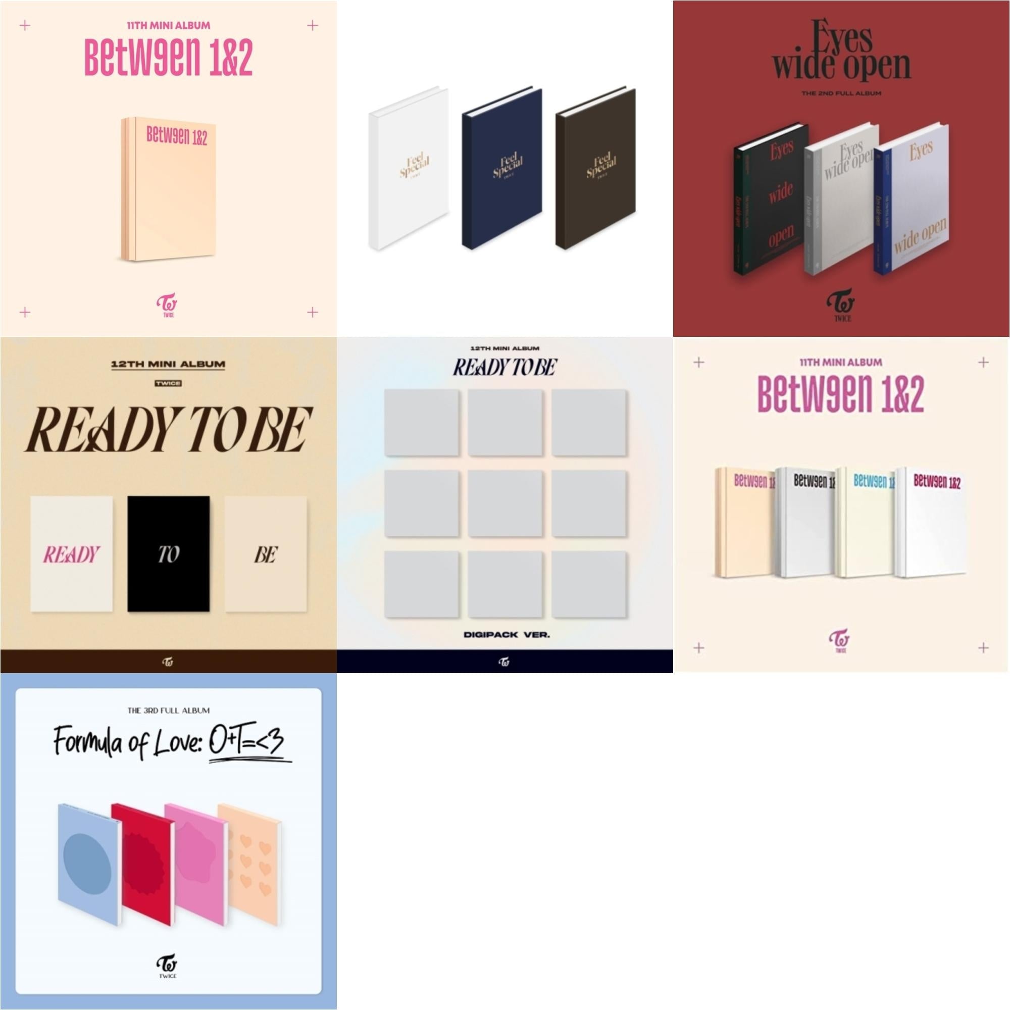 Twice - Between 1&2 (Archive Version) & Feel Special (8Th Mini Album) & Eyes Wide Open: Vol. 2 & Ready To Be (12Th Mini Album) & Ready To Be (12Th Mini Album) Digipack Version & Between 1 & 2 & Formula Of Love: O+T=<3 - CD Bundle