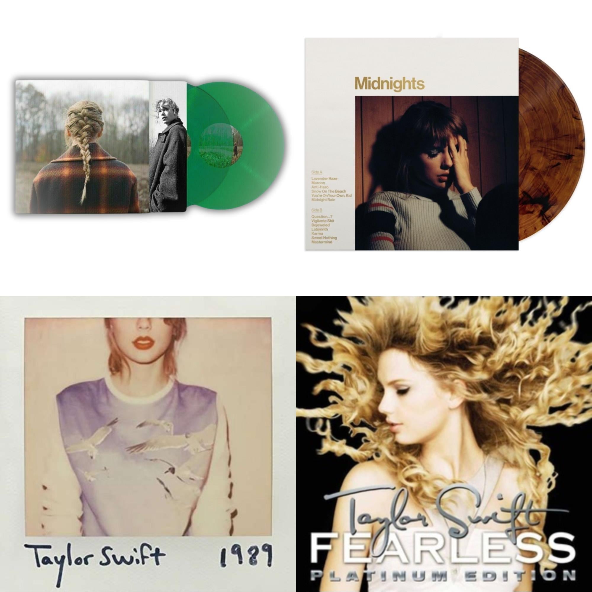 Taylor Swift - Evermore (Translucent Green Vinyl/2LP) & Midnights (X) (Mahogany Color LP Vinyl) & 1989 & Fearless Platinum Edition