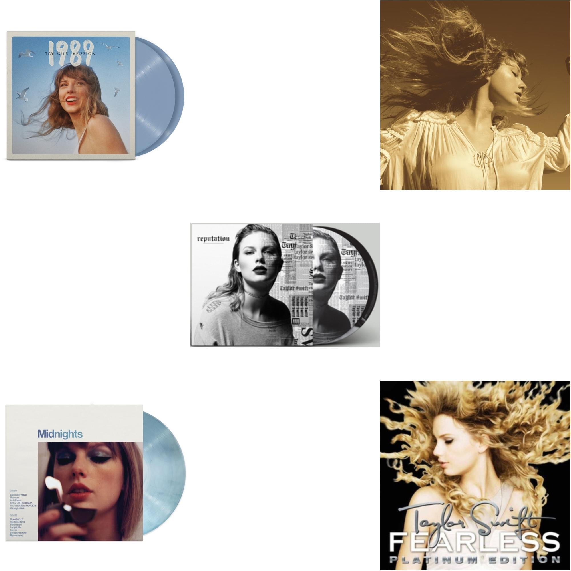 Taylor Swift - Fearless (Taylor's Version) (Gold Vinyl/3LP) & Midnights (X) (Moonstone Blue LP Vinyl) & 1989 (Taylor's Version) (2LP/Crystal Skies Blue Vinyl) & Fearless Platinum Edition & Reputation (Picture Disc)