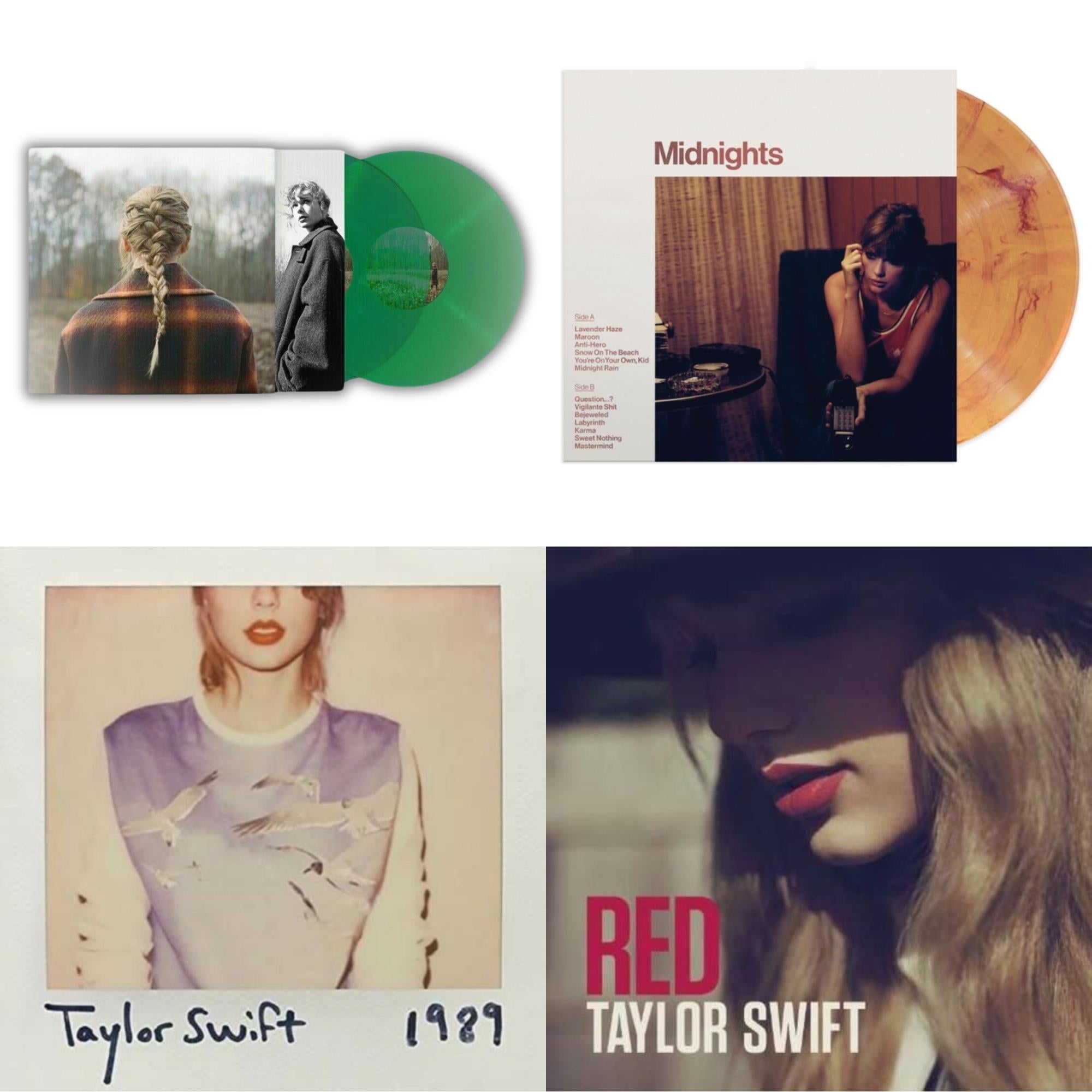 Taylor Swift - Evermore (Translucent Green Vinyl/2LP) & Midnights (X) (Blood Moon LP Vinyl) & 1989 & Red