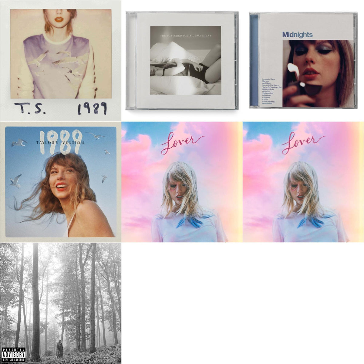 Folklore (X) & Midnights (X) (Moonstone Blue CD) & 1989 (Taylor's Version) & Tortured Poets Department (X) (Manuscript- Bonus Track) & Lover (Deluxe) (Version 2) & Lover & 1989