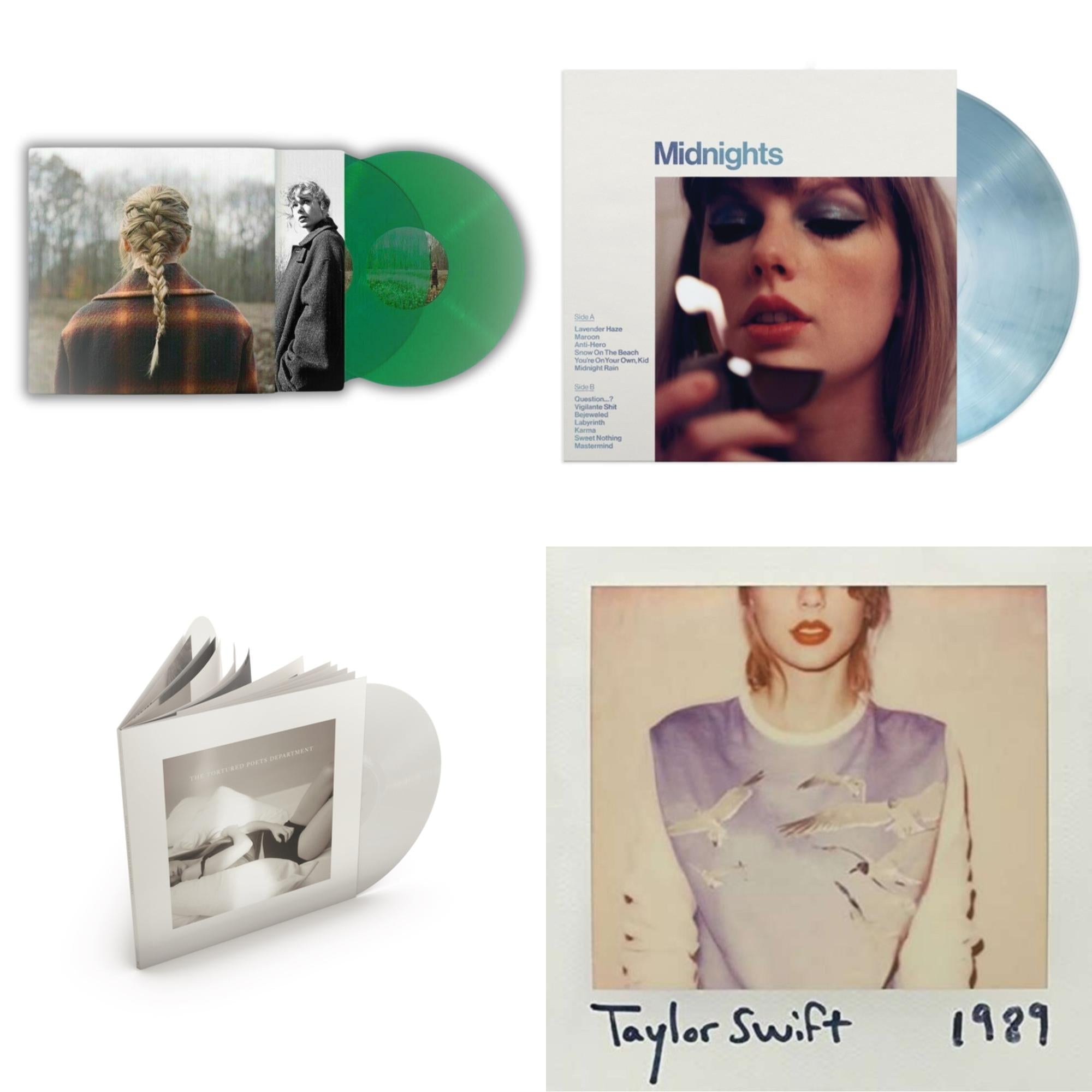 Taylor Swift - Evermore (Translucent Green Vinyl/2LP) & Midnights (X) (Moonstone Blue LP Vinyl) & Tortured Poets Department (X) (Ghosted White Vinyl/2LP/Manuscript- Bonus Track) & 1989