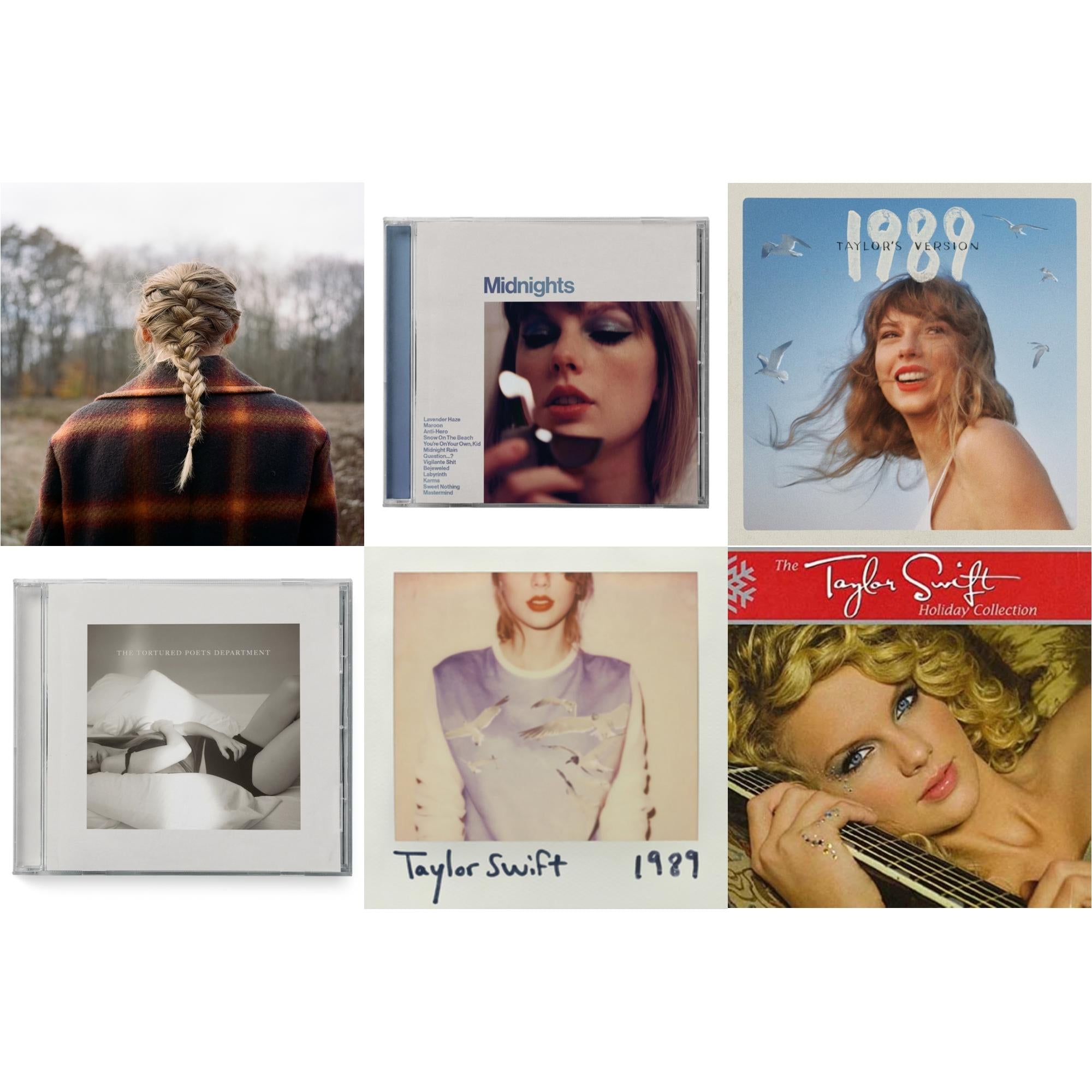Taylor Swift - Evermore (Edited) & Midnights (X) (Moonstone Blue CD) & 1989 (Taylor's Version) & Tortured Poets Department (X) (Manuscript- Bonus Track) & 1989 & Holiday Collection