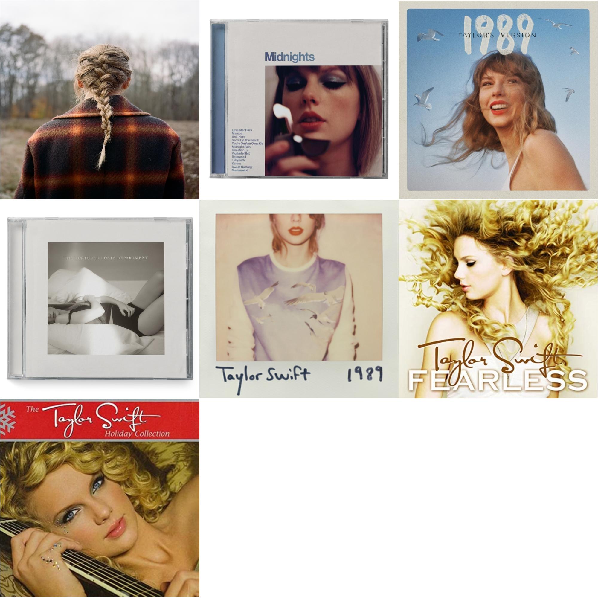 Taylor Swift - Evermore (Edited) & Midnights (X) (Moonstone Blue CD) & 1989 (Taylor's Version) & Tortured Poets Department (X) (Manuscript- Bonus Track) & 1989 & Fearless & Holiday Collection