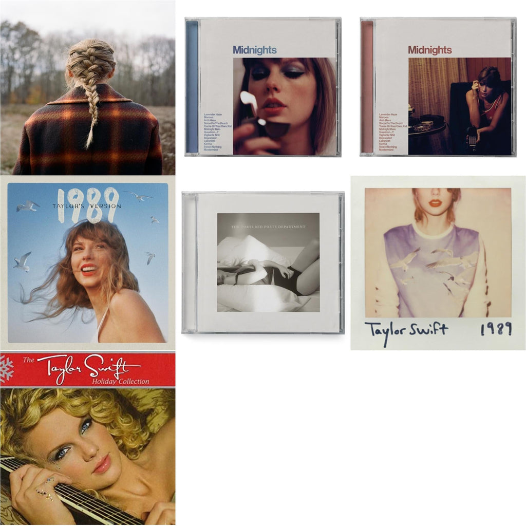 Taylor Swift - Evermore (Edited) & Midnights (X) (Moonstone Blue CD) & Midnights (X) (Blood Moon CD) & 1989 (Taylor's Version) & Tortured Poets Department (X) (Manuscript- Bonus Track) & 1989 & Holiday Collection