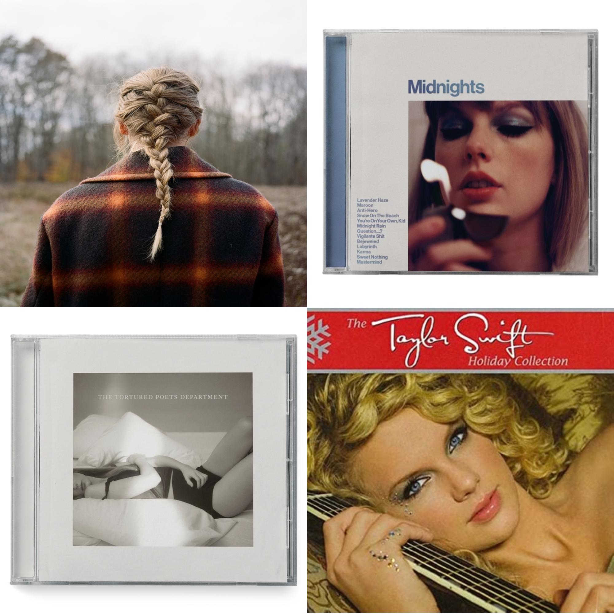 Taylor Swift - Evermore (Edited) & Midnights (X) (Moonstone Blue CD) & Tortured Poets Department (X) (Manuscript- Bonus Track) & Holiday Collection