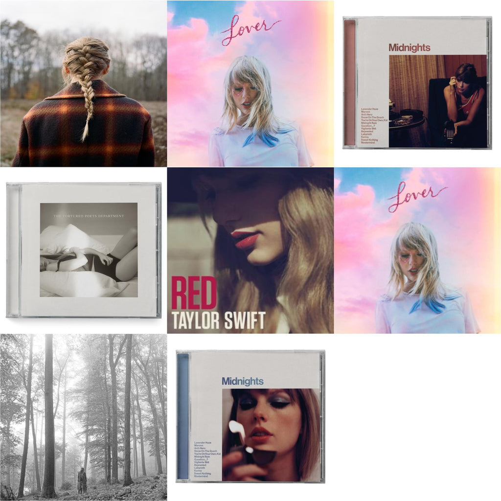 Taylor Swift - Folklore (Edited) & Evermore (X) & Midnights (X) (Moonstone Blue CD) & Midnights (X) (Blood Moon CD) & Tortured Poets Department (X) (Manuscript- Bonus Track) & Red & Lover (Deluxe) (Version 1) & Lover