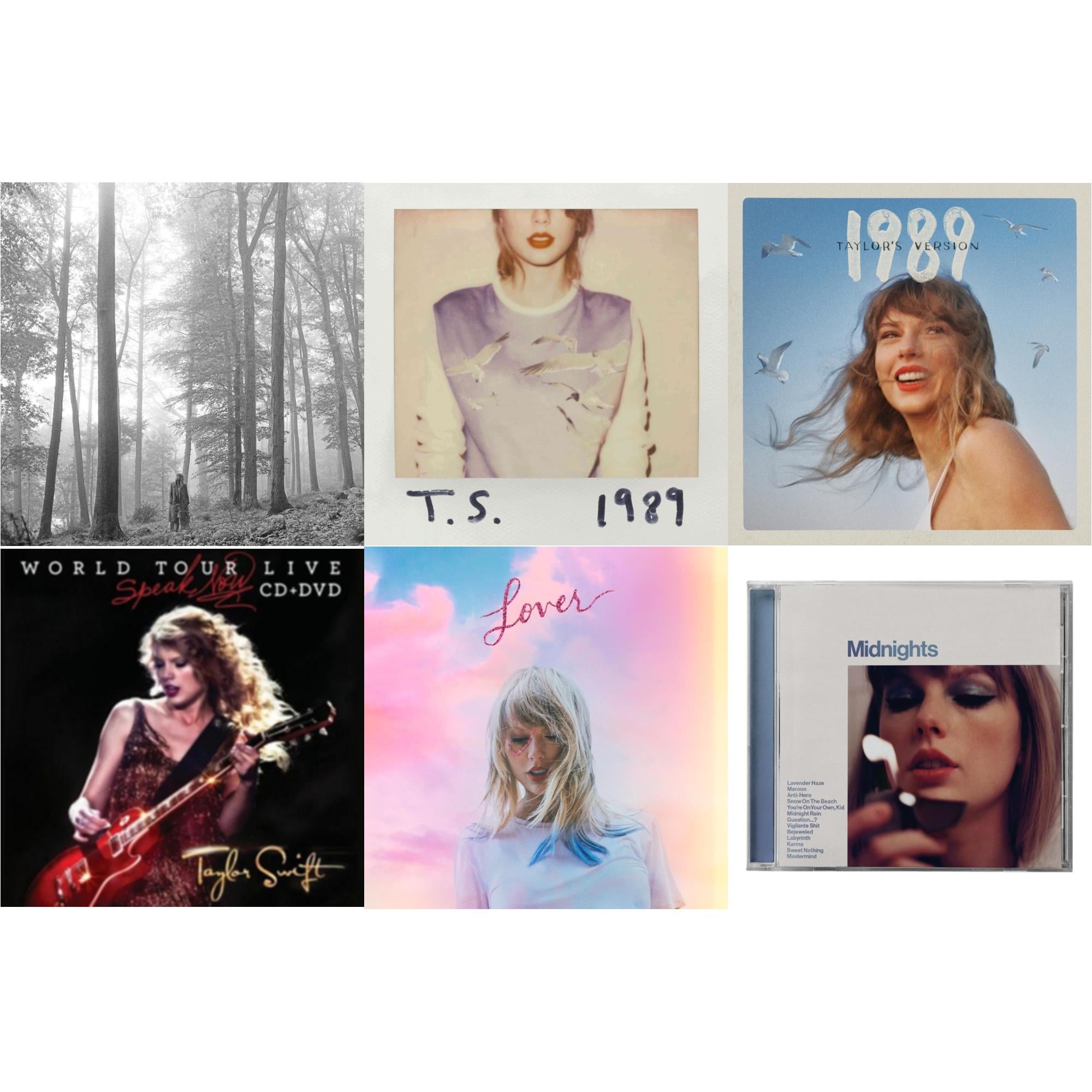 Taylor Swift - Folklore (Edited) & Midnights (X) (Moonstone Blue CD) & 1989 (Taylor's Version) & Speak Now World Tour Live (CD/DVD) & Lover (Deluxe) (Version 1) & 1989