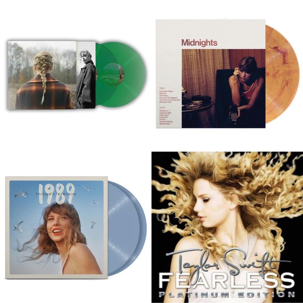 Taylor Swift - Evermore (Translucent Green Vinyl/2LP) & Midnights (X) (Blood Moon LP Vinyl) & 1989 (Taylor's Version) (2LP/Crystal Skies Blue Vinyl) & Fearless Platinum Edition