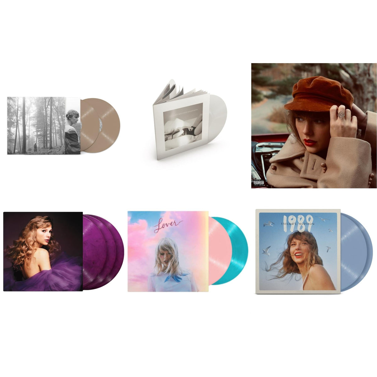 Taylor Swift - Folklore (X) (Beige Vinyl/2LP) & Red (Taylor's Version) (4LP) & Speak Now (Taylor's Version) (Orchid Marbled Vinyl/3LP) & 1989 (Taylor's Version) (2LP/Crystal Skies Blue Vinyl) & Tortured Poets Department (X) (Ghosted White