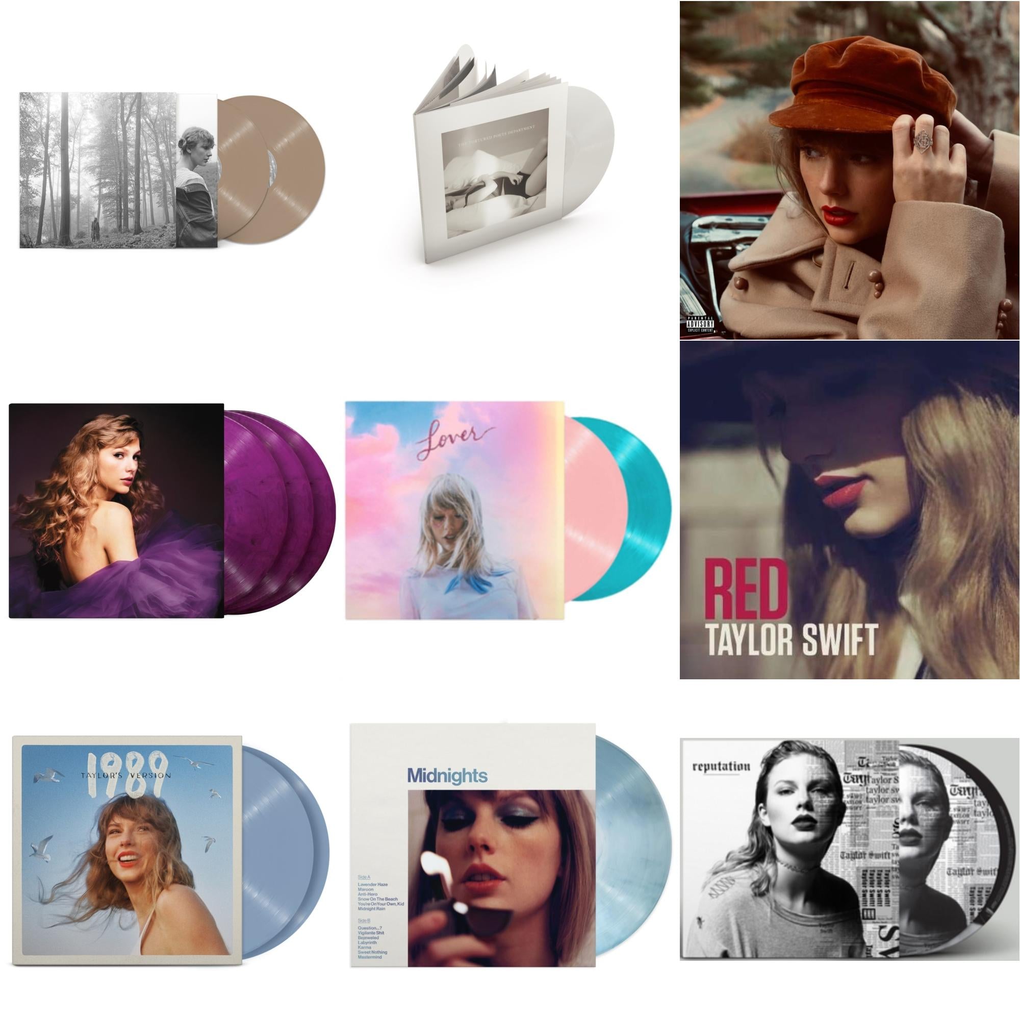 Taylor Swift - Folklore (X) (Beige Vinyl/2LP) & Red (Taylor's Version) (4LP) & Midnights (X) (Moonstone Blue LP Vinyl) & Speak Now (Taylor's Version) (Orchid Marbled Vinyl/3LP) & 1989 (Taylor's Version) (2LP/Crystal Skies Blue Vinyl) & Tortured Poets