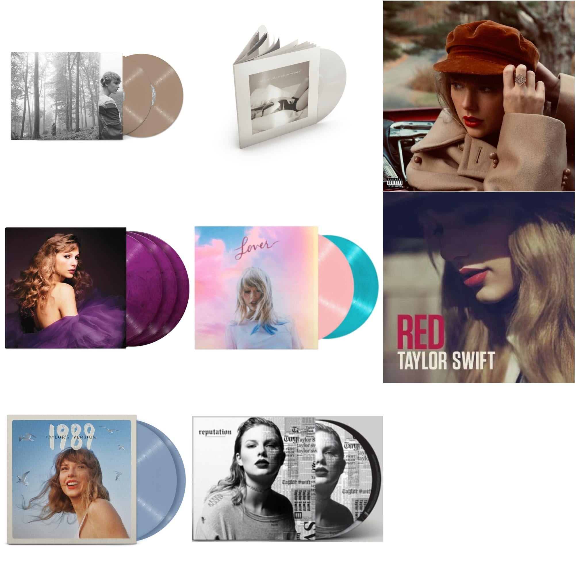 Taylor Swift - Folklore (X) (Beige Vinyl/2LP) & Red (Taylor's Version) (4LP) & Speak Now (Taylor's Version) (Orchid Marbled Vinyl/3LP) & 1989 (Taylor's Version) (2LP/Crystal Skies Blue Vinyl) & Tortured Poets Department (X) (Ghosted White