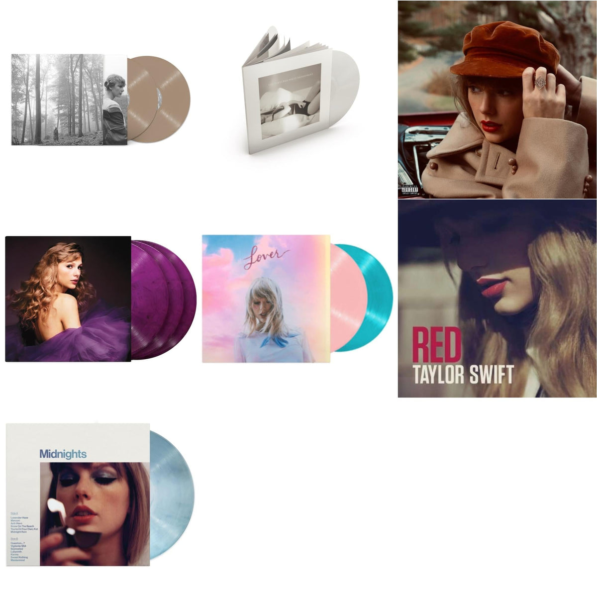 Taylor Swift - Folklore (X) (Beige Vinyl/2LP) & Red (Taylor's Version) (4LP) & Midnights (X) (Moonstone Blue LP Vinyl) & Speak Now (Taylor's Version) (Orchid Marbled Vinyl/3LP) & Tortured Poets Department (X) (Ghosted White Vinyl/2LP/Manuscript-