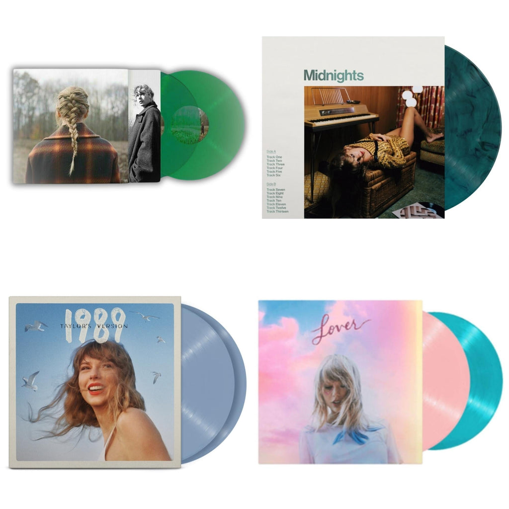 Taylor Swift - Evermore (Translucent Green Vinyl/2LP) & Midnights (X) (Jade Green LP Vinyl) & 1989 (Taylor's Version) (2LP/Crystal Skies Blue Vinyl) & Lover