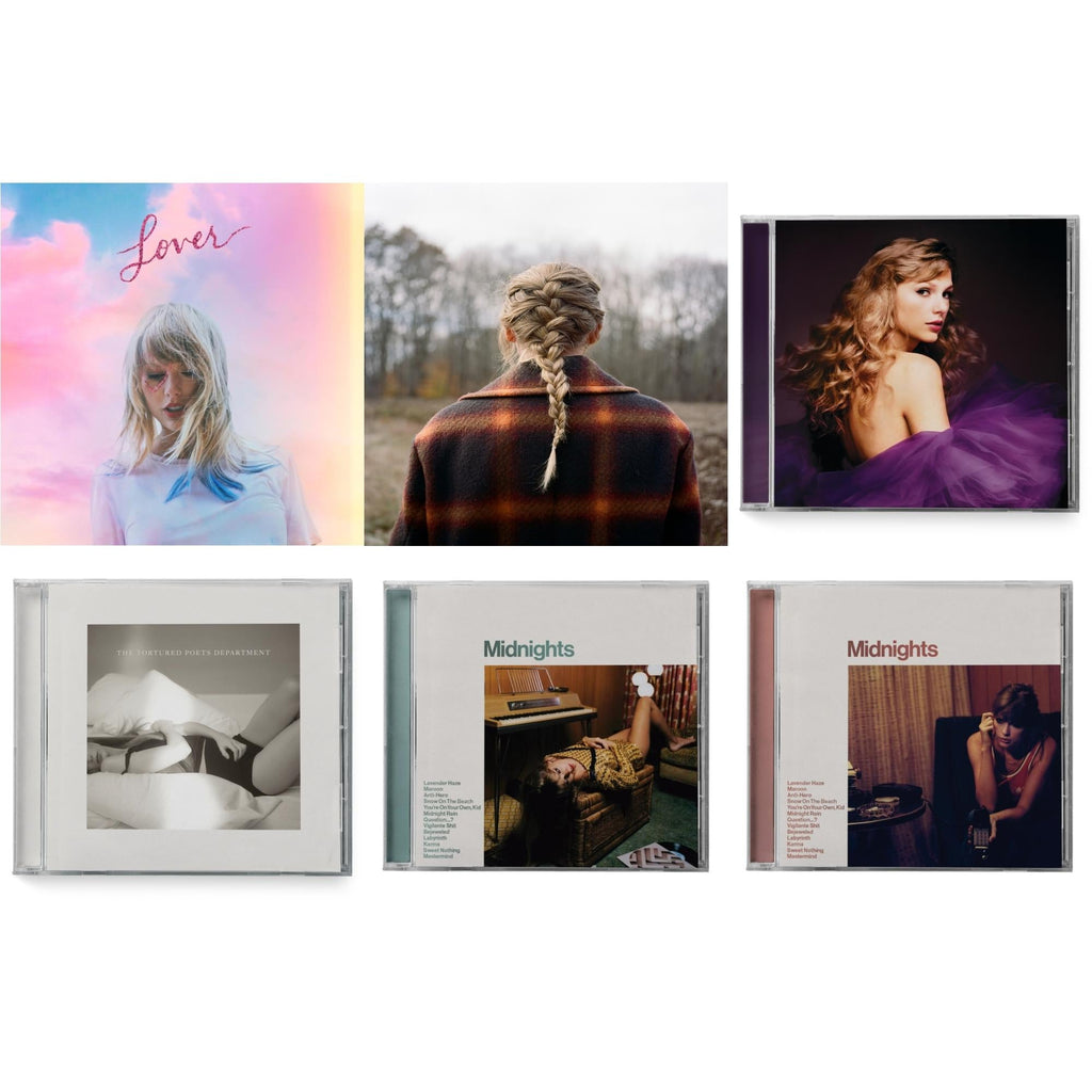 Taylor Swift - Evermore (X) & Midnights (X) (Jade Green CD) & Midnights (X) (Blood Moon CD) & Speak Now (Taylor's Version) (2CD) & Tortured Poets Department (X) (Manuscript- Bonus Track) & Lover (Deluxe) (Version 1)