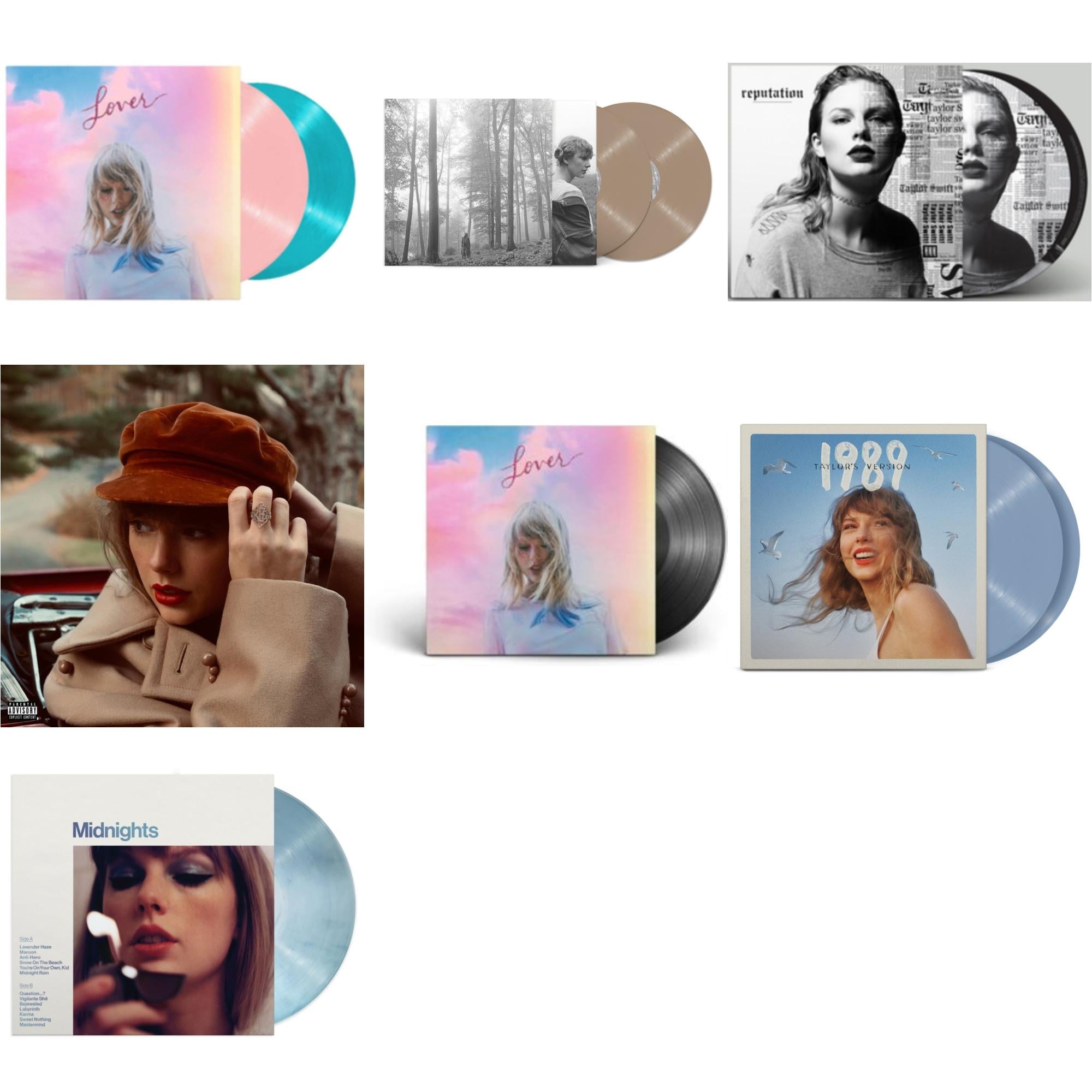 Taylor Swift - Folklore (X) (Beige Vinyl/2LP) & Red (Taylor's Version) (4LP) & Midnights (X) (Moonstone Blue LP Vinyl) & 1989 (Taylor's Version) (2LP/Crystal Skies Blue Vinyl) & Lover (2LP) & Lover & Reputation (Picture Disc)