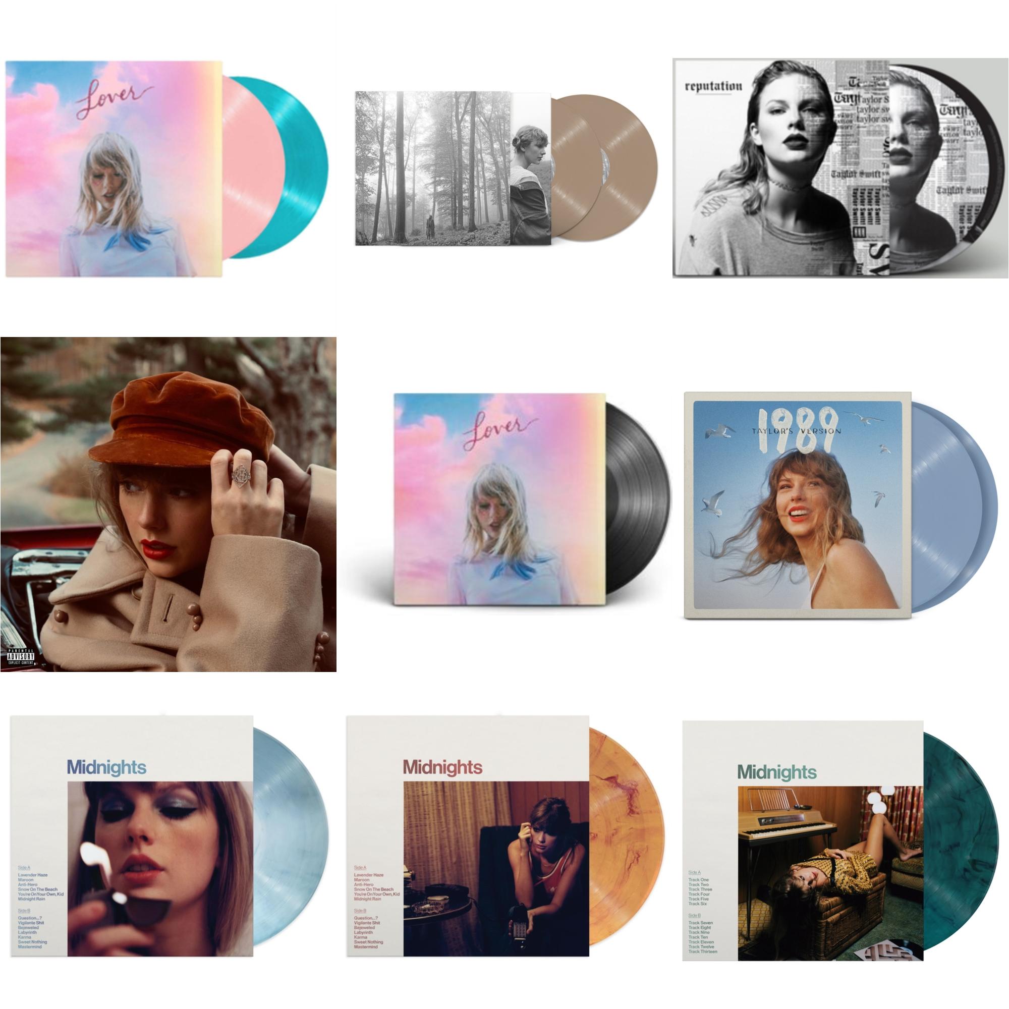 Taylor Swift - Folklore (X) (Beige Vinyl/2LP) & Red (Taylor's Version) (4LP) & Midnights (X) (Moonstone Blue LP Vinyl) & Midnights (X) (Jade Green LP Vinyl) & Midnights (X) (Blood Moon LP Vinyl) & 1989 (Taylor's Version) (2LP/Crystal Skies Blue