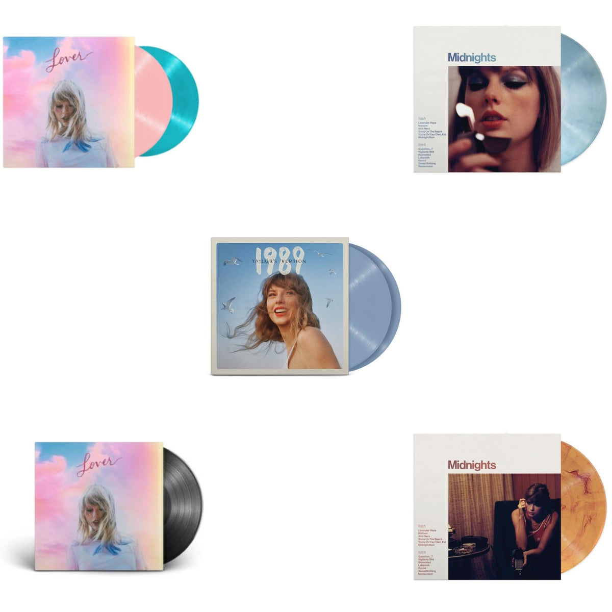 Midnights (X) (Moonstone Blue LP Vinyl) & Midnights (X) (Blood Moon LP Vinyl) & 1989 (Taylor's Version) (2LP/Crystal Skies Blue Vinyl) & Lover (2LP) & Lover