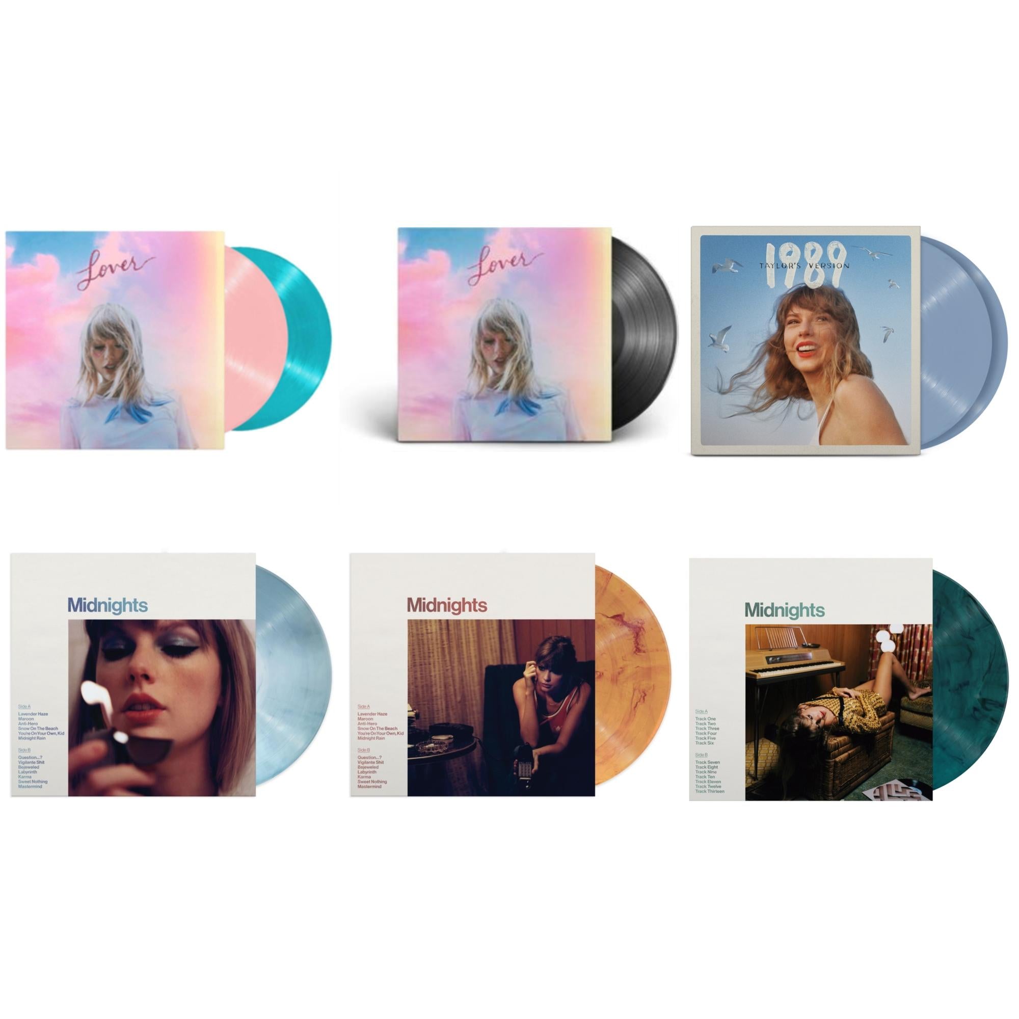Midnights (X) (Moonstone Blue LP Vinyl) & Midnights (X) (Jade Green LP Vinyl) & Midnights (X) (Blood Moon LP Vinyl) & 1989 (Taylor's Version) (2LP/Crystal Skies Blue Vinyl) & Lover (2LP) & Lover