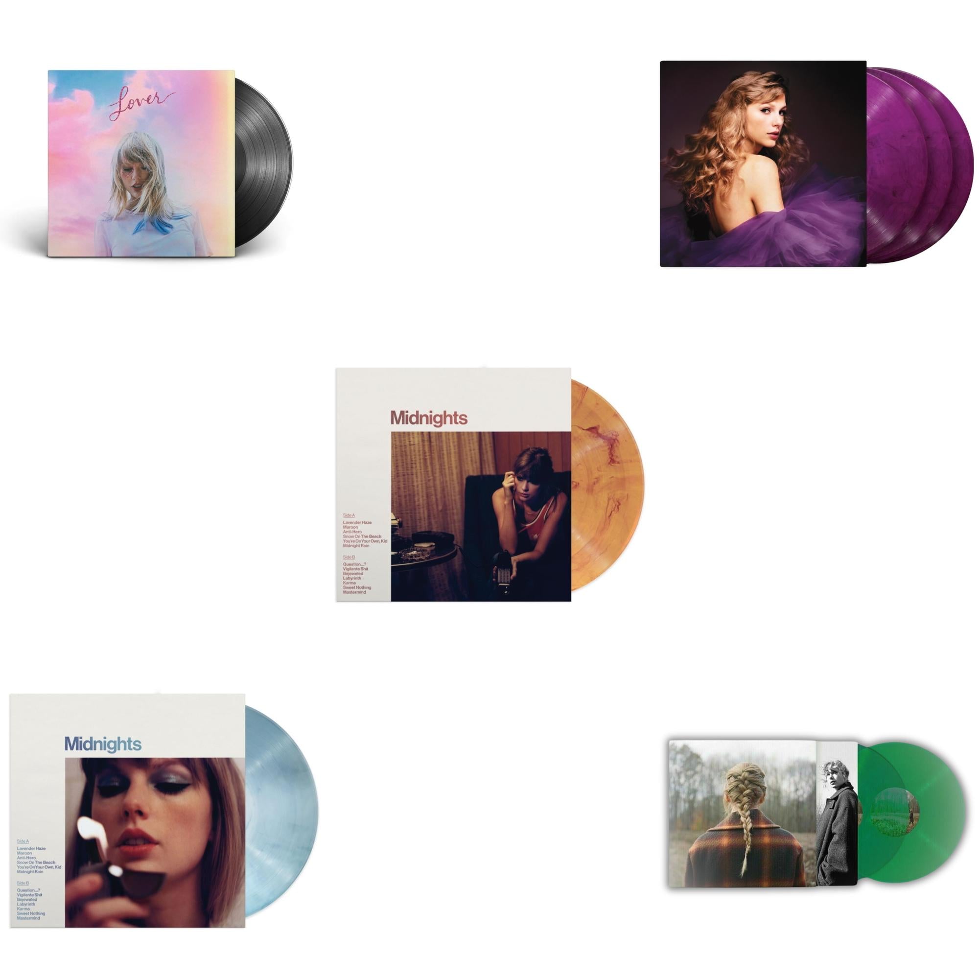 Taylor Swift - Evermore (Translucent Green Vinyl/2LP) & Midnights (X) (Moonstone Blue LP Vinyl) & Midnights (X) (Blood Moon LP Vinyl) & Speak Now (Taylor's Version) (Orchid Marbled Vinyl/3LP) & Lover (2LP)