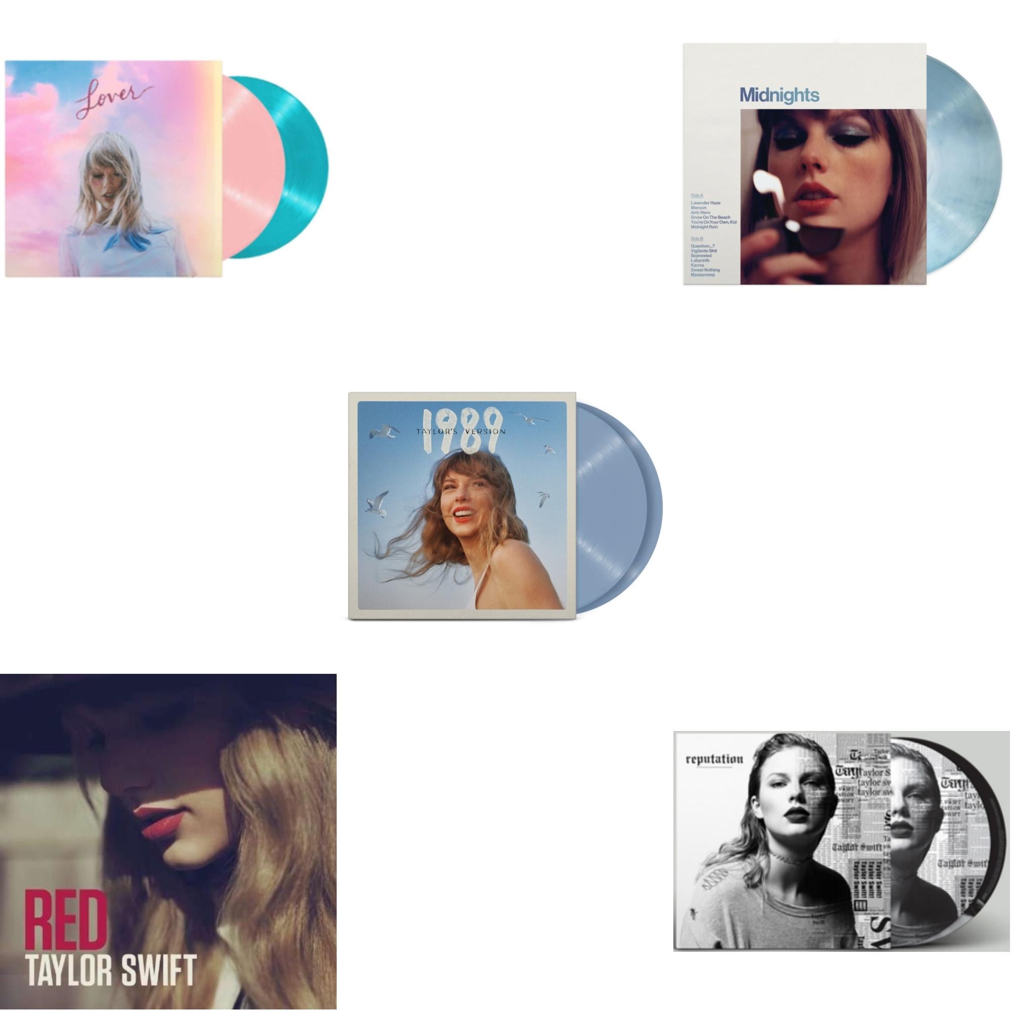 Taylor Swift - Midnights (X) (Moonstone Blue LP Vinyl) & 1989 (Taylor's Version) (2LP/Crystal Skies Blue Vinyl) & Lover & Red & Reputation (Picture Disc)