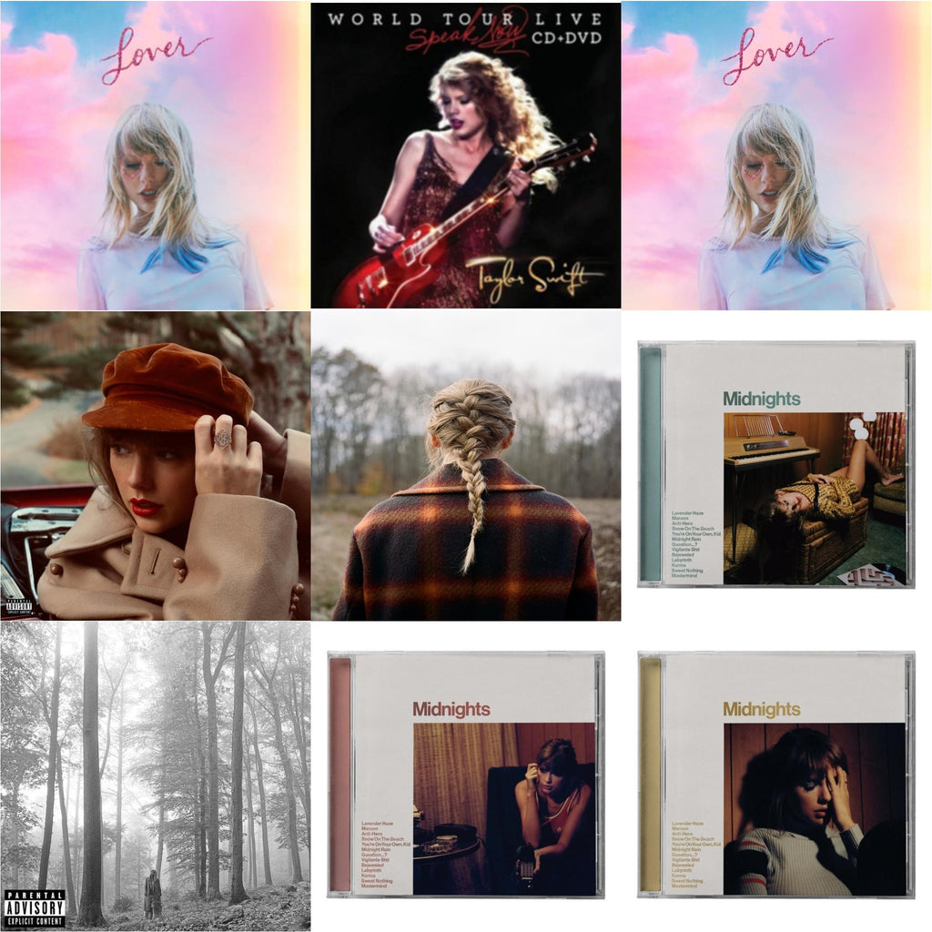 Folklore (X) & Evermore (X) & Red (Taylor's Version) (X) (2CD) & Midnights (X) (Jade Green CD) & Midnights (X) (Blood Moon CD) & Midnights (X) (Mahogany CD) & Speak Now World Tour Live (CD/DVD) & Lover (Deluxe) (Version 2) & Lover
