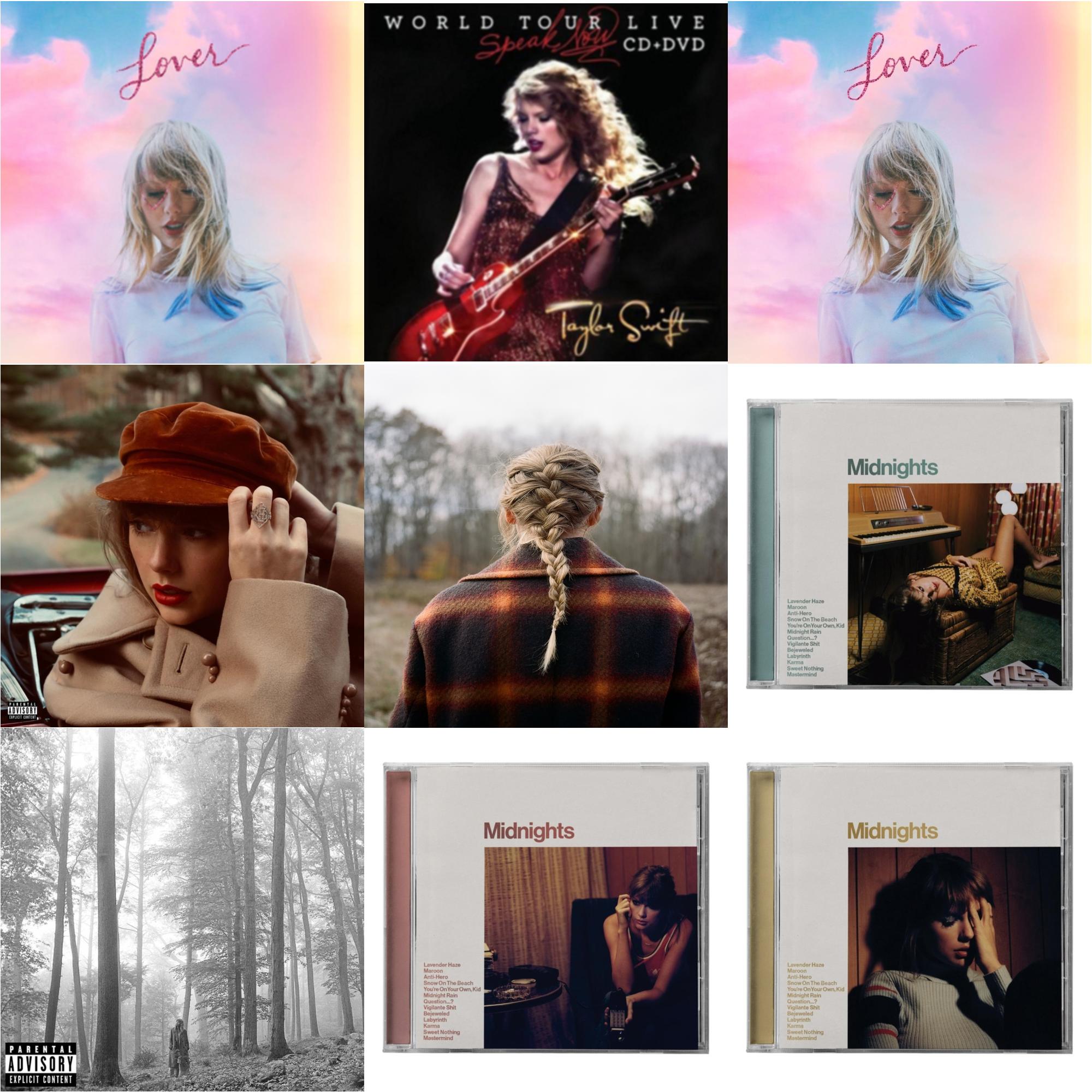 Folklore (X) & Evermore (X) & Red (Taylor's Version) (X) (2CD) & Midnights (X) (Jade Green CD) & Midnights (X) (Blood Moon CD) & Midnights (X) (Mahogany CD) & Speak Now World Tour Live (CD/DVD) & Lover (Deluxe) (Version 2) & Lover