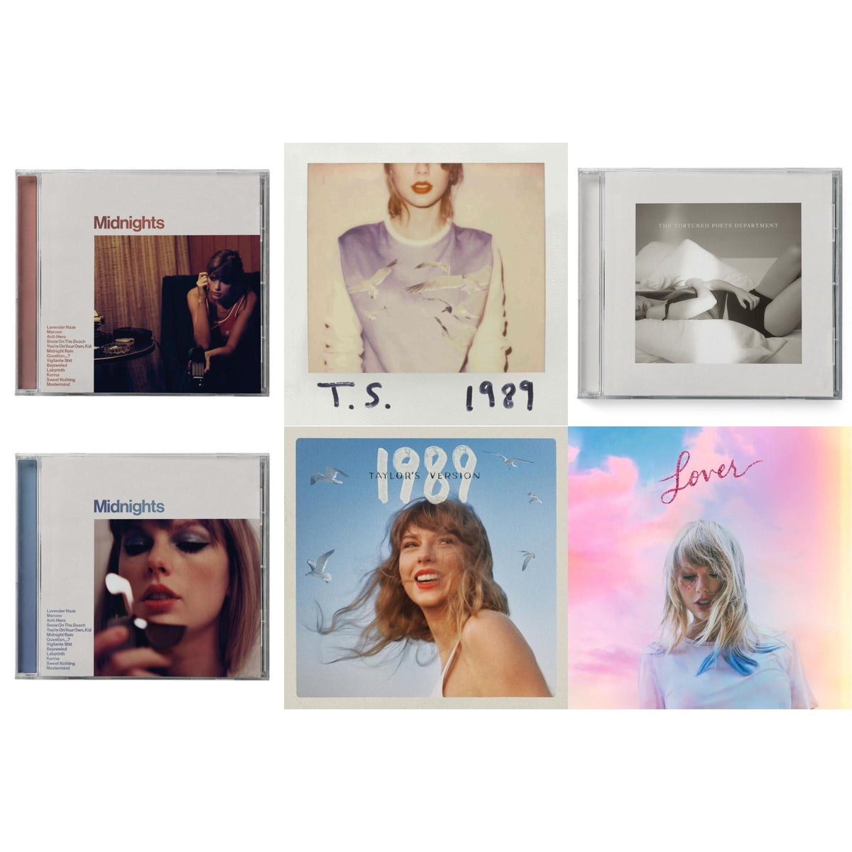 Midnights (X) (Moonstone Blue CD) & Midnights (X) (Blood Moon CD) & 1989 (Taylor's Version) & Tortured Poets Department (X) (Manuscript- Bonus Track) & Lover (Deluxe) (Version 2) & 1989
