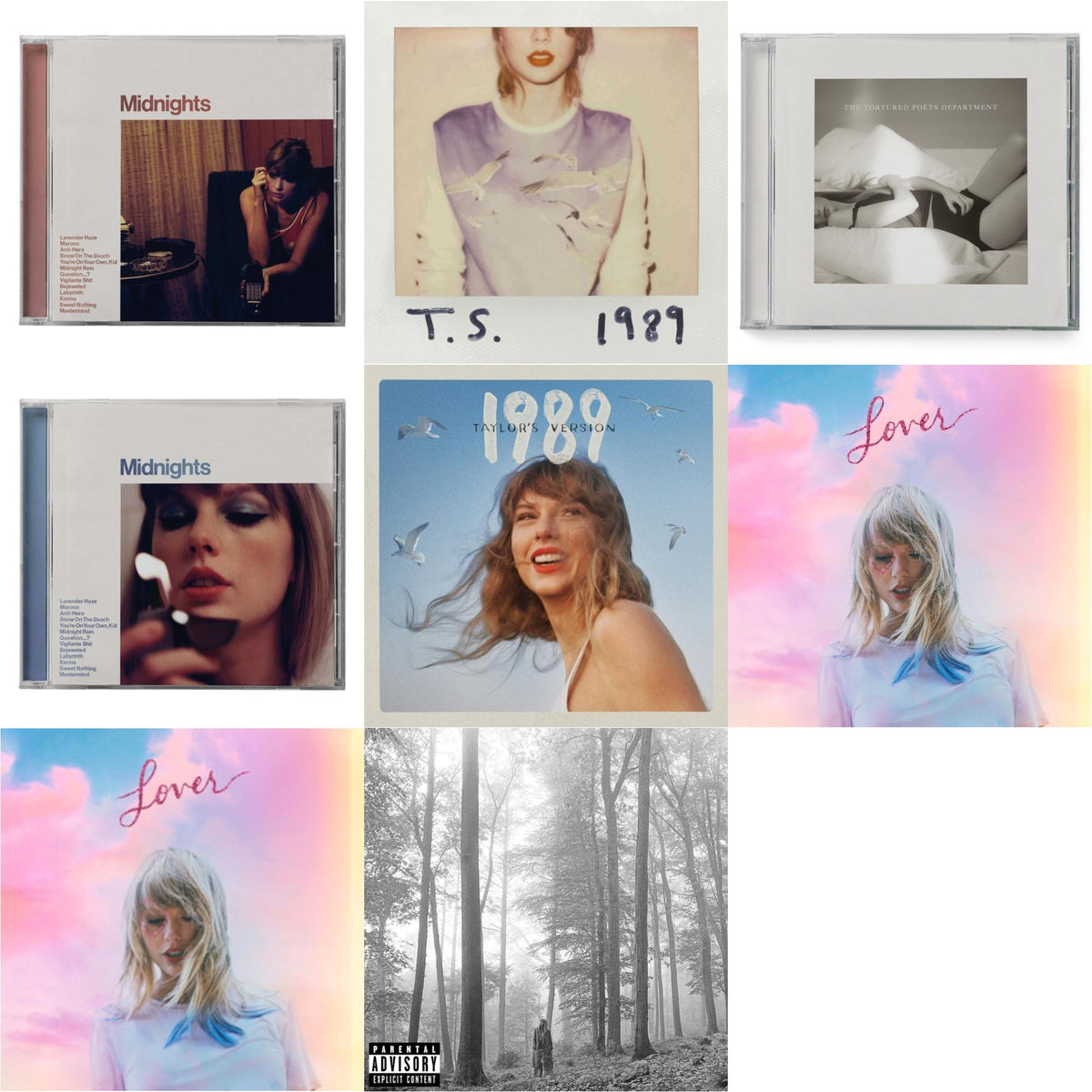 Folklore (X) & Midnights (X) (Moonstone Blue CD) & Midnights (X) (Blood Moon CD) & 1989 (Taylor's Version) & Tortured Poets Department (X) (Manuscript- Bonus Track) & Lover (Deluxe) (Version 2) & Lover & 1989