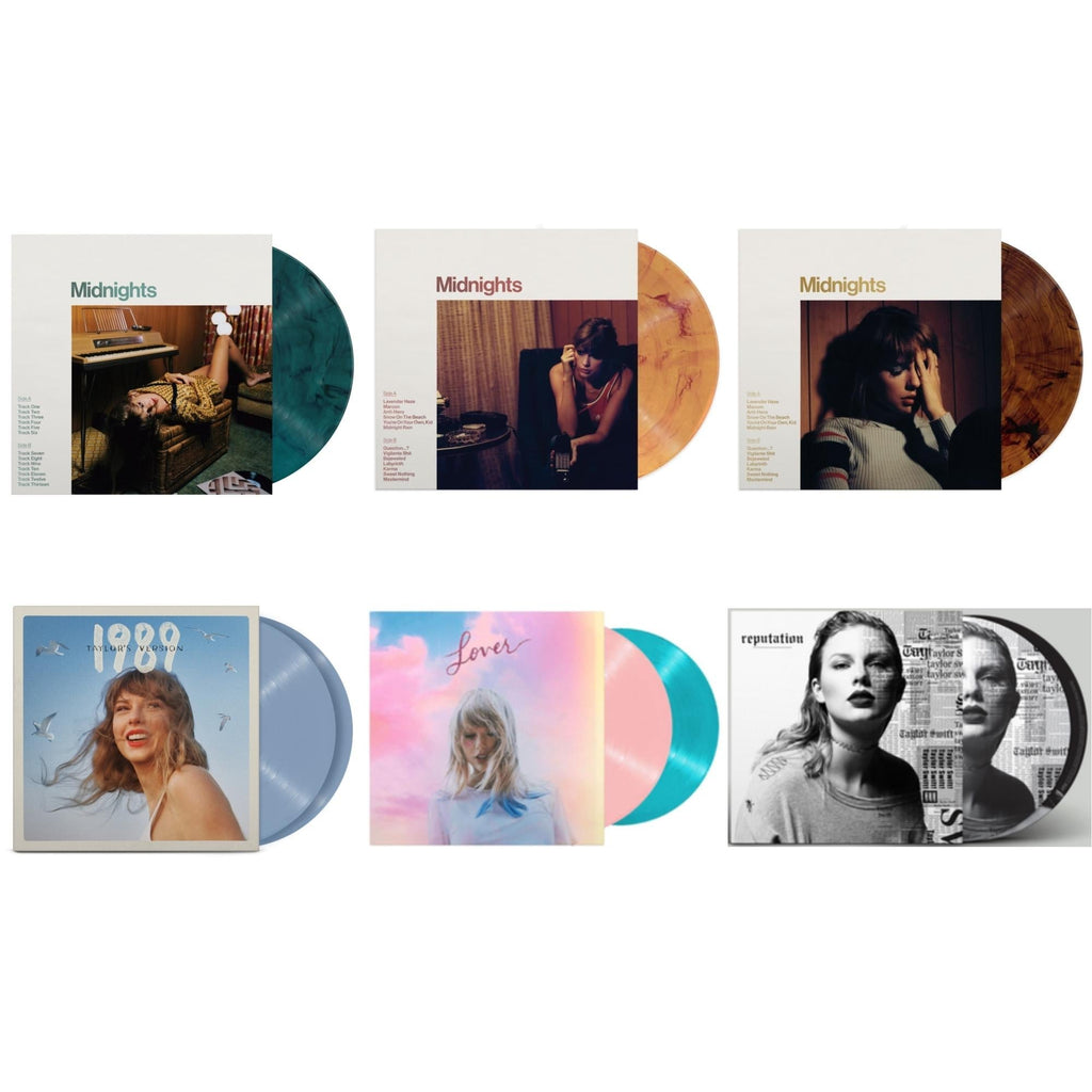 Taylor Swift - Midnights (X) (Jade Green LP Vinyl) & Midnights (X) (Blood Moon LP Vinyl) & Midnights (X) (Mahogany Color LP Vinyl) & 1989 (Taylor's Version) (2LP/Crystal Skies Blue Vinyl) & Lover & Reputation (Picture Disc)