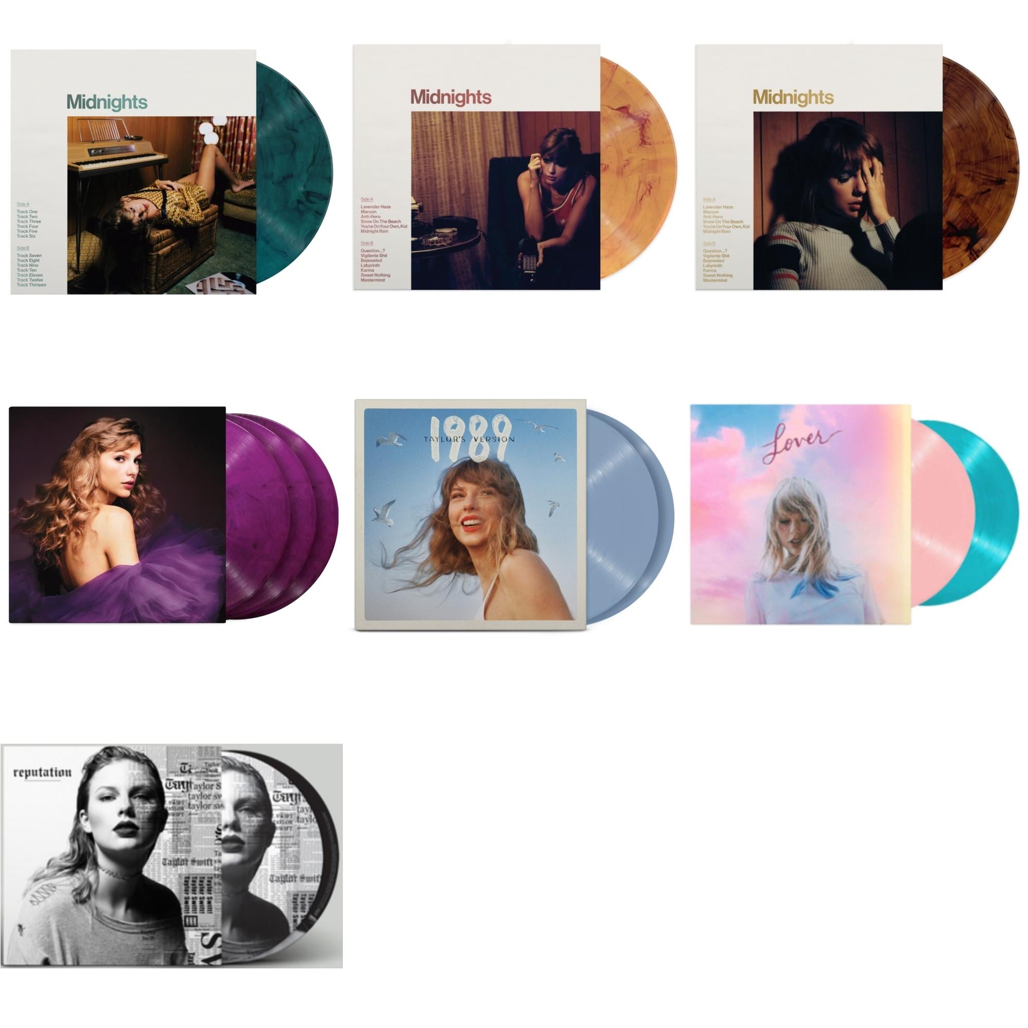 Taylor Swift - Midnights (X) (Jade Green LP Vinyl) & Midnights (X) (Blood Moon LP Vinyl) & Midnights (X) (Mahogany Color LP Vinyl) & Speak Now (Taylor's Version) (Orchid Marbled Vinyl/3LP) & 1989 (Taylor's Version) (2LP/Crystal Skies Blue Vinyl) &
