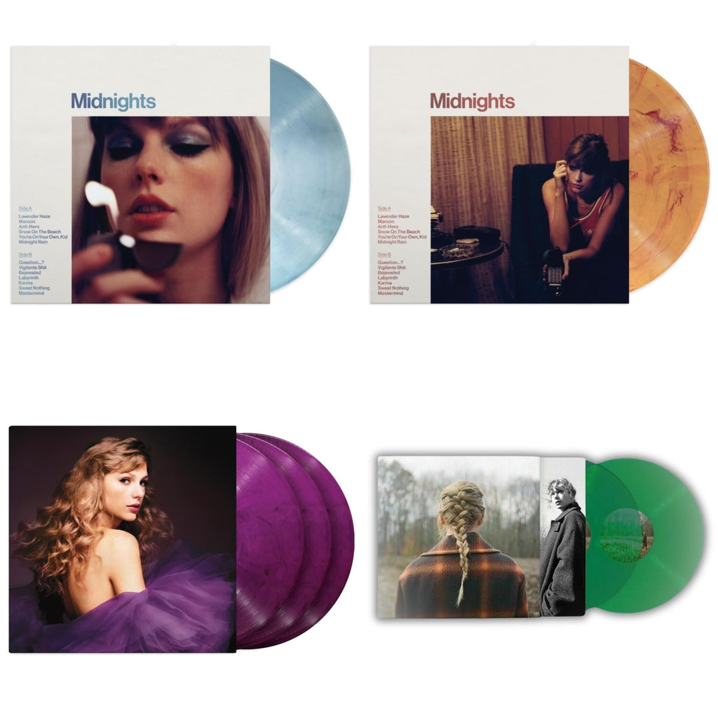 Taylor Swift - Evermore (Translucent Green Vinyl/2LP) & Midnights (X) (Moonstone Blue LP Vinyl) & Midnights (X) (Blood Moon LP Vinyl) & Speak Now (Taylor's Version) (Orchid Marbled Vinyl/3LP)
