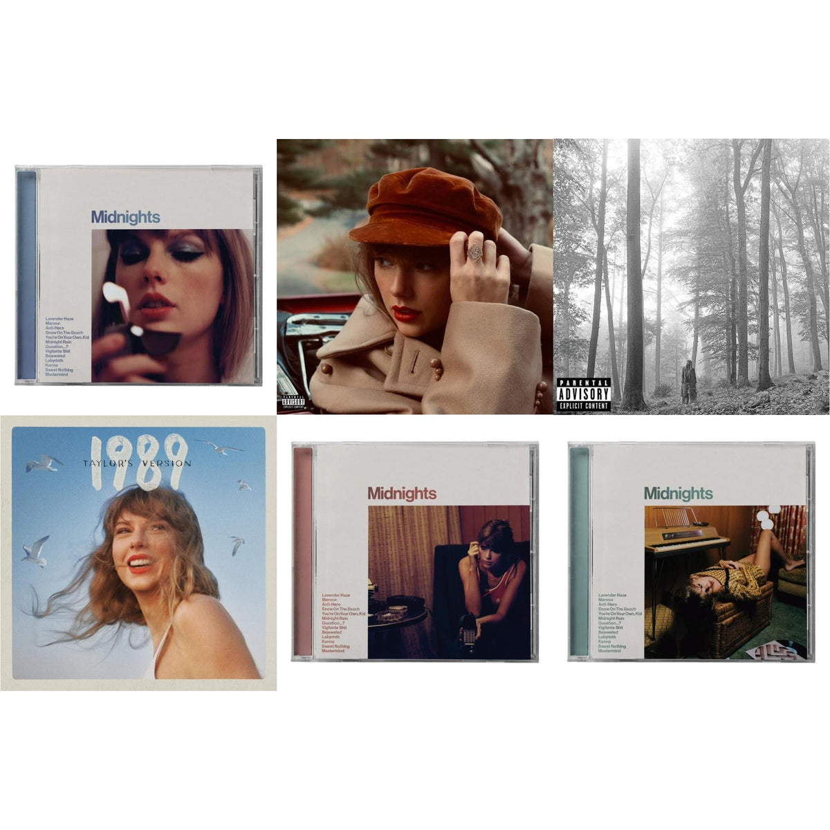 Folklore (X) & Red (Taylor's Version) (X) (2CD) & Midnights (X) (Moonstone Blue CD) & Midnights (X) (Jade Green CD) & Midnights (X) (Blood Moon CD) & 1989 (Taylor's Version)