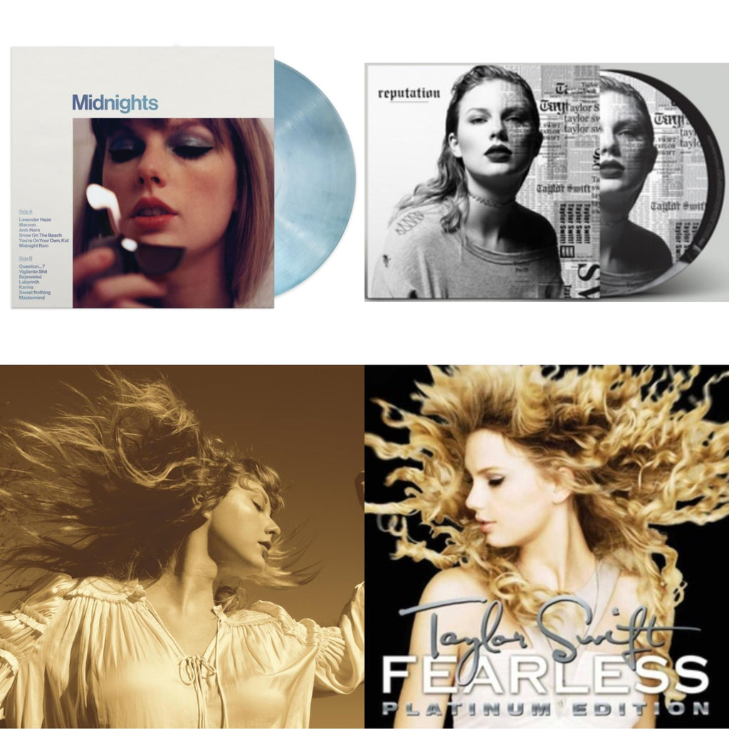 Taylor Swift - Fearless (Taylor's Version) (Gold Vinyl/3LP) & Midnights (X) (Moonstone Blue LP Vinyl) & Fearless Platinum Edition & Reputation (Picture Disc)