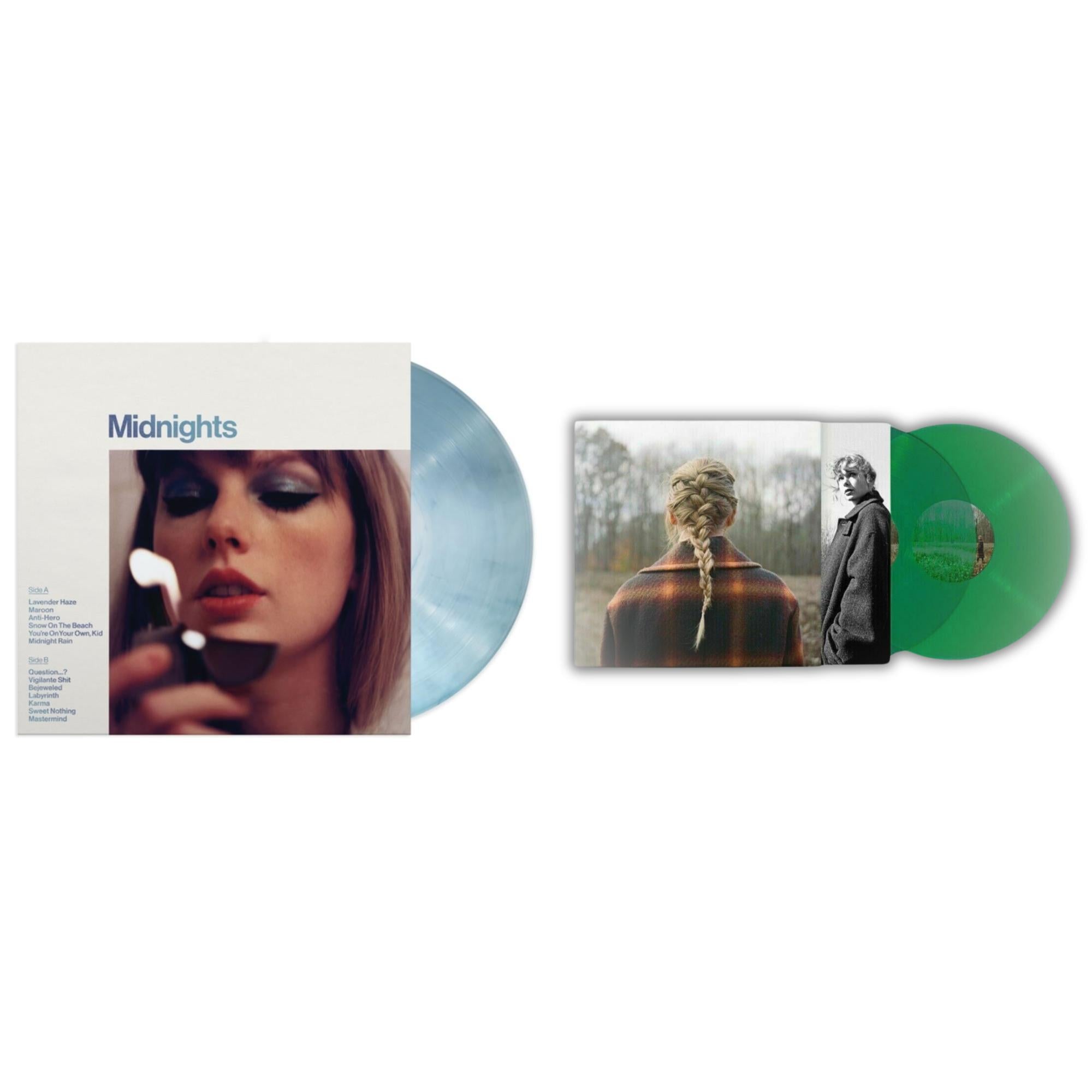 Taylor Swift - Taylor Swift - Evermore (Translucent Green Vinyl/2LP) & Midnights (X) (Moonstone Blue LP Vinyl)