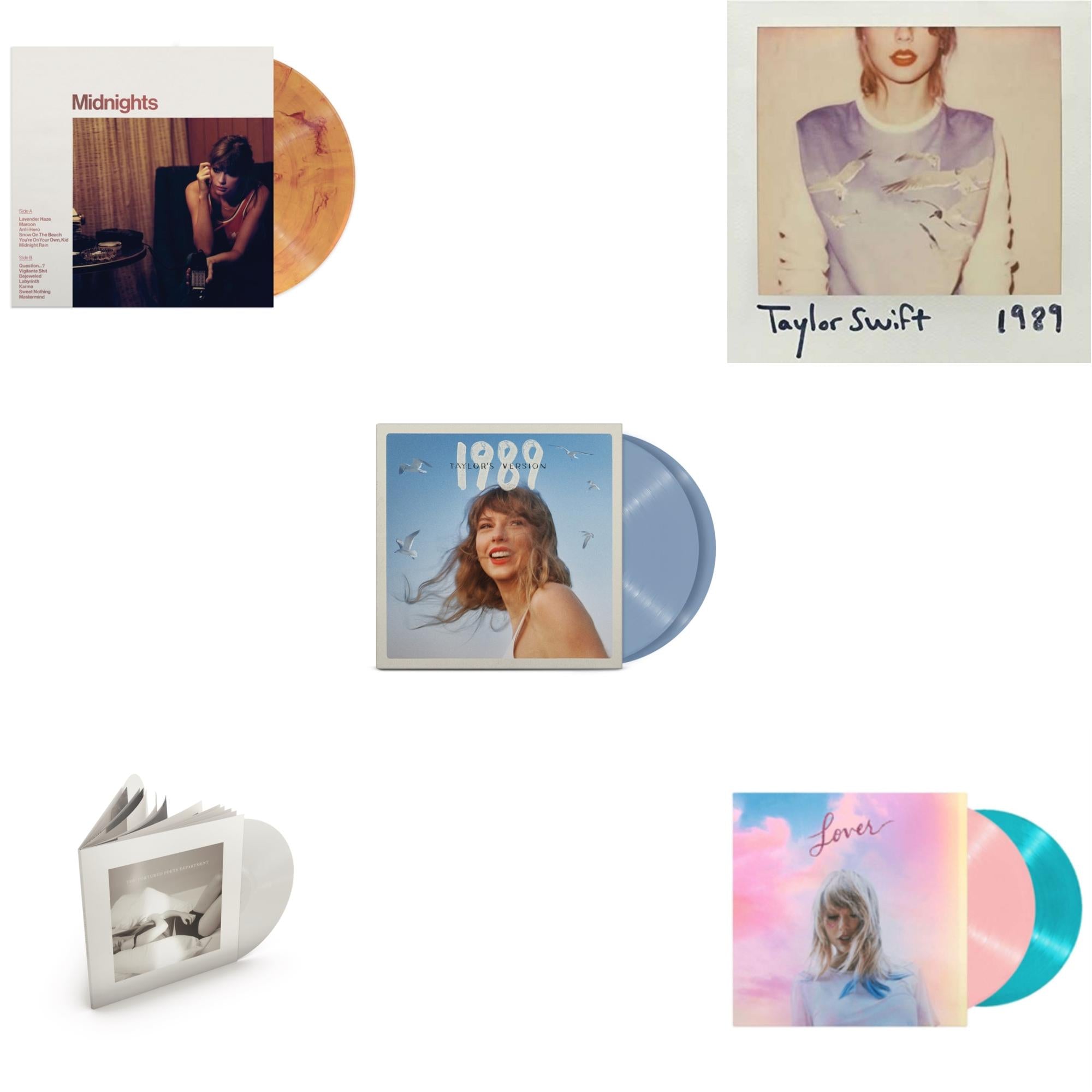 Midnights (X) (Blood Moon LP Vinyl) & 1989 (Taylor's Version) (2LP/Crystal Skies Blue Vinyl) & Tortured Poets Department (X) (Ghosted White Vinyl/2LP/Manuscript- Bonus Track) & Lover & 1989