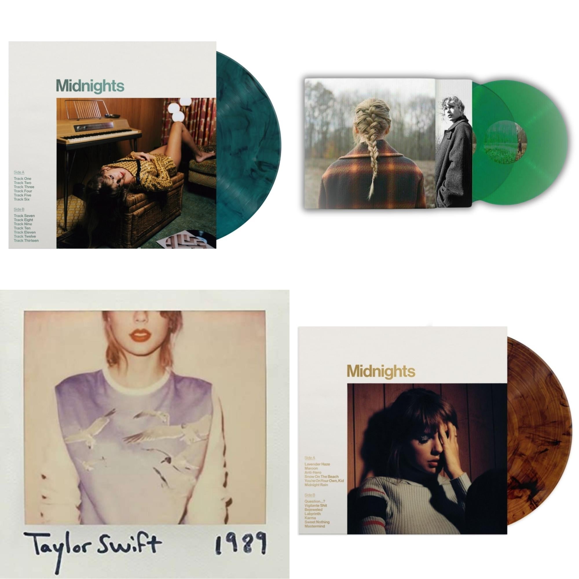 Taylor Swift - Evermore (Translucent Green Vinyl/2LP) & Midnights (X) (Jade Green LP Vinyl) & Midnights (X) (Mahogany Color LP Vinyl) & 1989