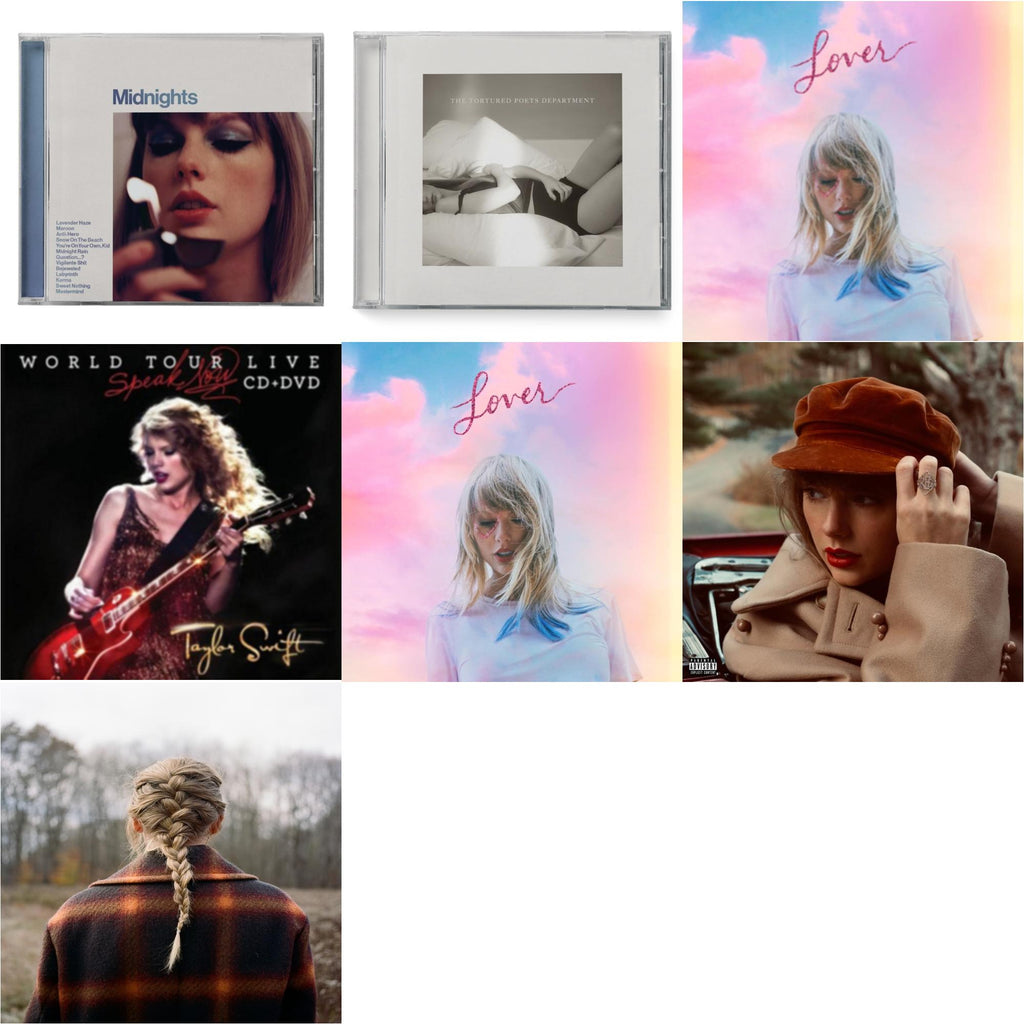 Evermore (X) & Red (Taylor's Version) (X) (2CD) & Midnights (X) (Moonstone Blue CD) & Tortured Poets Department (X) (Manuscript- Bonus Track) & Speak Now World Tour Live (CD/DVD) & Lover (Deluxe) (Version 2) & Lover