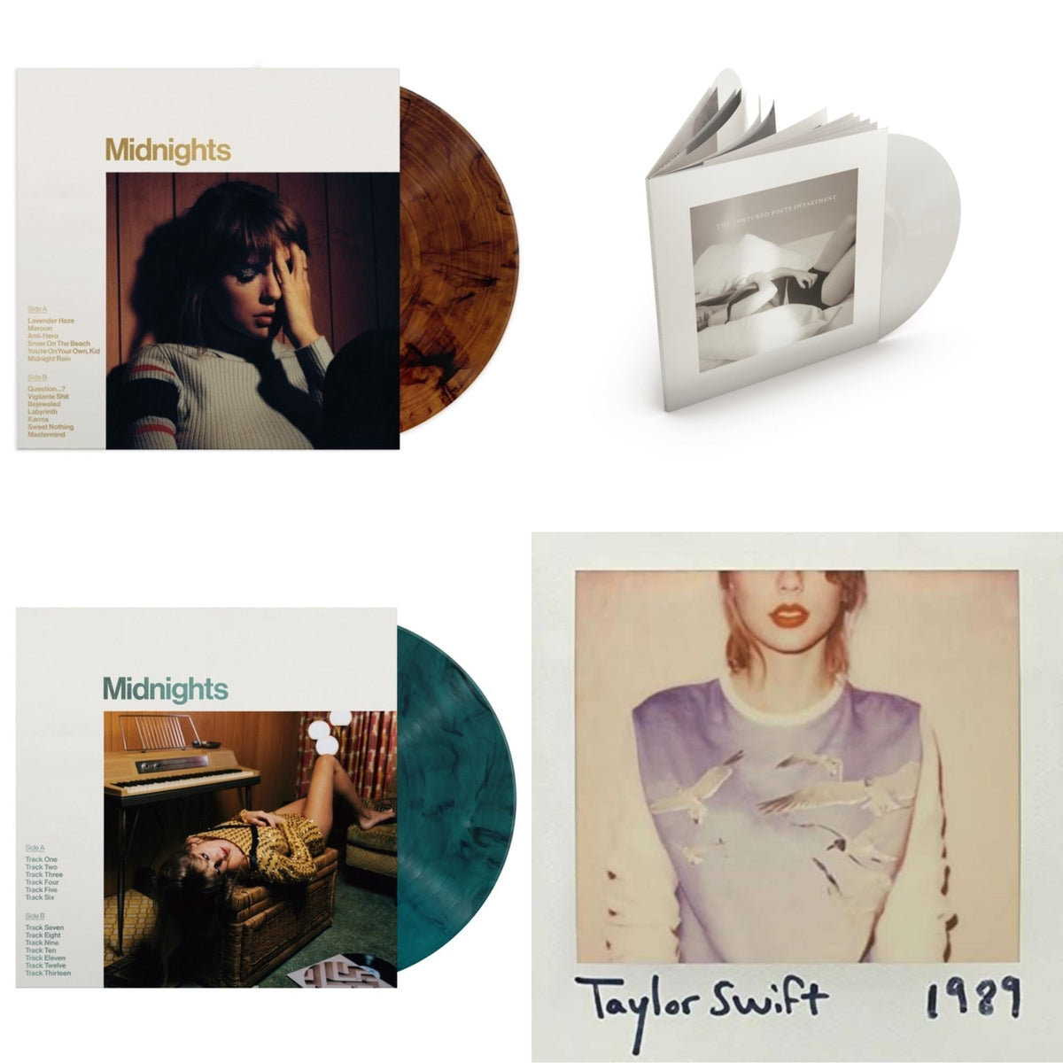 Taylor Swift - Midnights (X) (Mahogany Color LP Vinyl) & Tortured Poets Department (X) (Ghosted White Vinyl/2LP/Manuscript- Bonus Track) & Midnights (X) (Jade Green LP Vinyl) & 1989