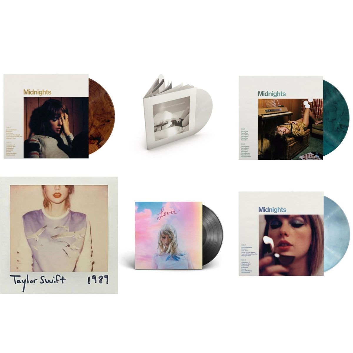 Midnights (X) (Moonstone Blue LP Vinyl) & Midnights (X) (Jade Green LP Vinyl) & Midnights (X) (Mahogany Color LP Vinyl) & Lover (2LP) & Tortured Poets Department (X) (Ghosted White Vinyl/2LP/Manuscript- Bonus Track) & 1989
