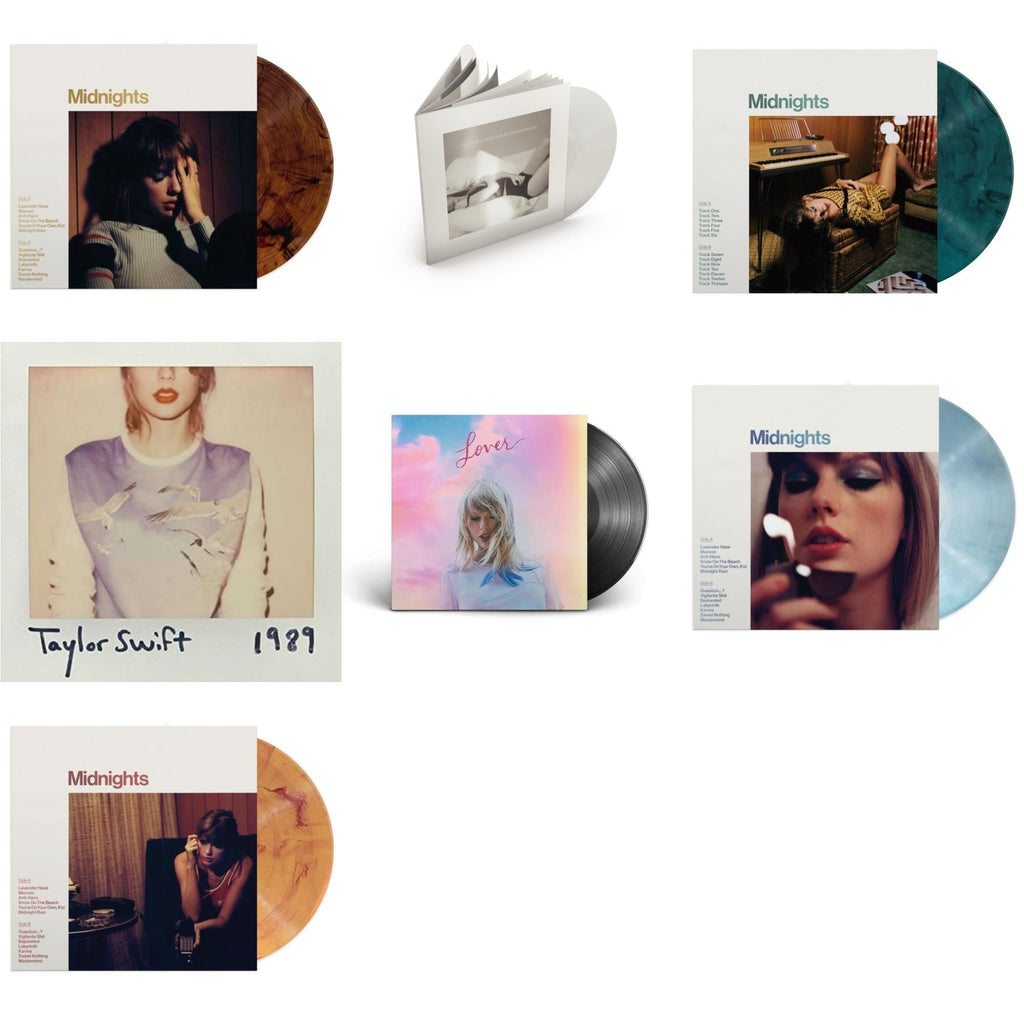 Taylor Swift - Midnights (X) (Moonstone Blue LP Vinyl) & Midnights (X) (Jade Green LP Vinyl) & Midnights (X) (Blood Moon LP Vinyl) & Midnights (X) (Mahogany Color LP Vinyl) & Lover (2LP) & Tortured Poets Department (X) (Ghosted White