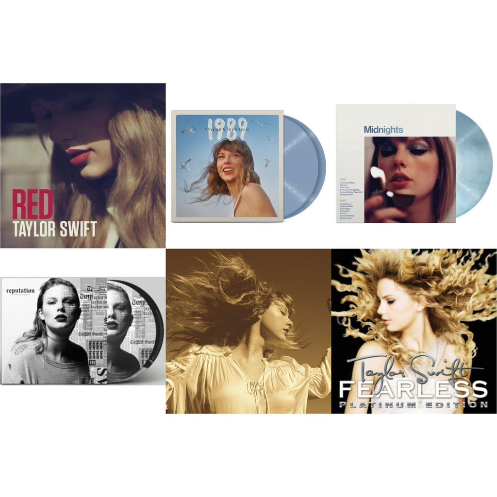 Taylor Swift - Fearless (Taylor's Version) (Gold Vinyl/3LP) & Midnights (X) (Moonstone Blue LP Vinyl) & 1989 (Taylor's Version) (2LP/Crystal Skies Blue Vinyl) & Red & Fearless Platinum Edition & Reputation (Picture Disc)